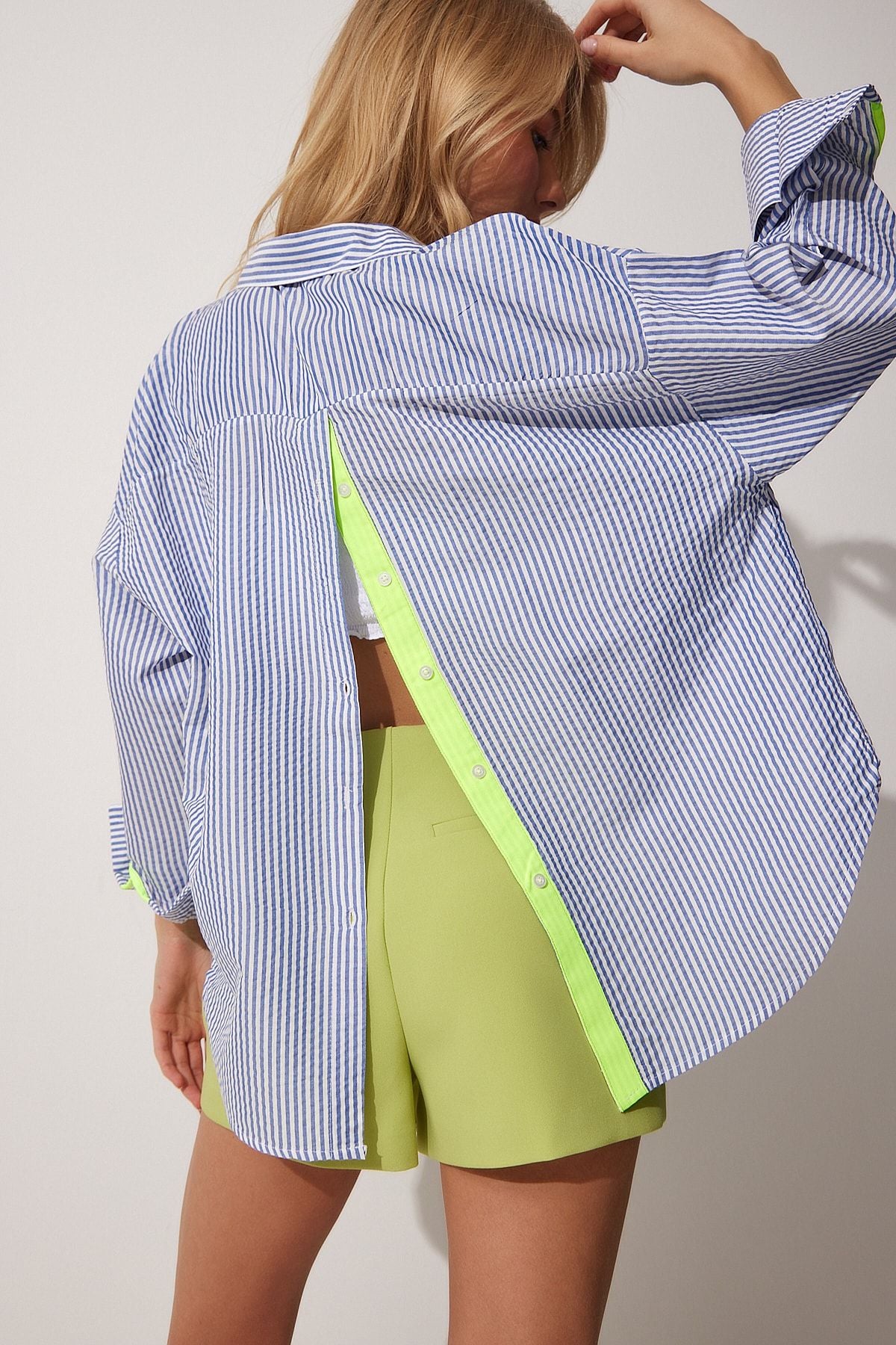 Woman Blue Green Ribbon and Button Detailed Striped Oversize Shirt DX00006