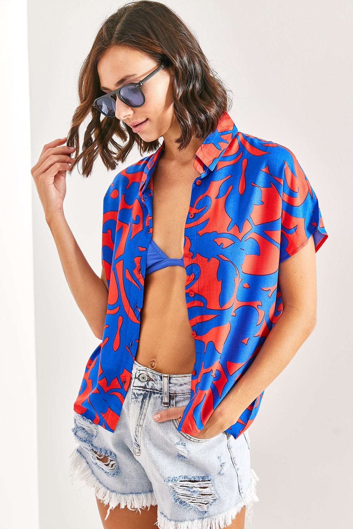 Women's Bat Sleeve Multi Patterned Viscose Shirt 40921019