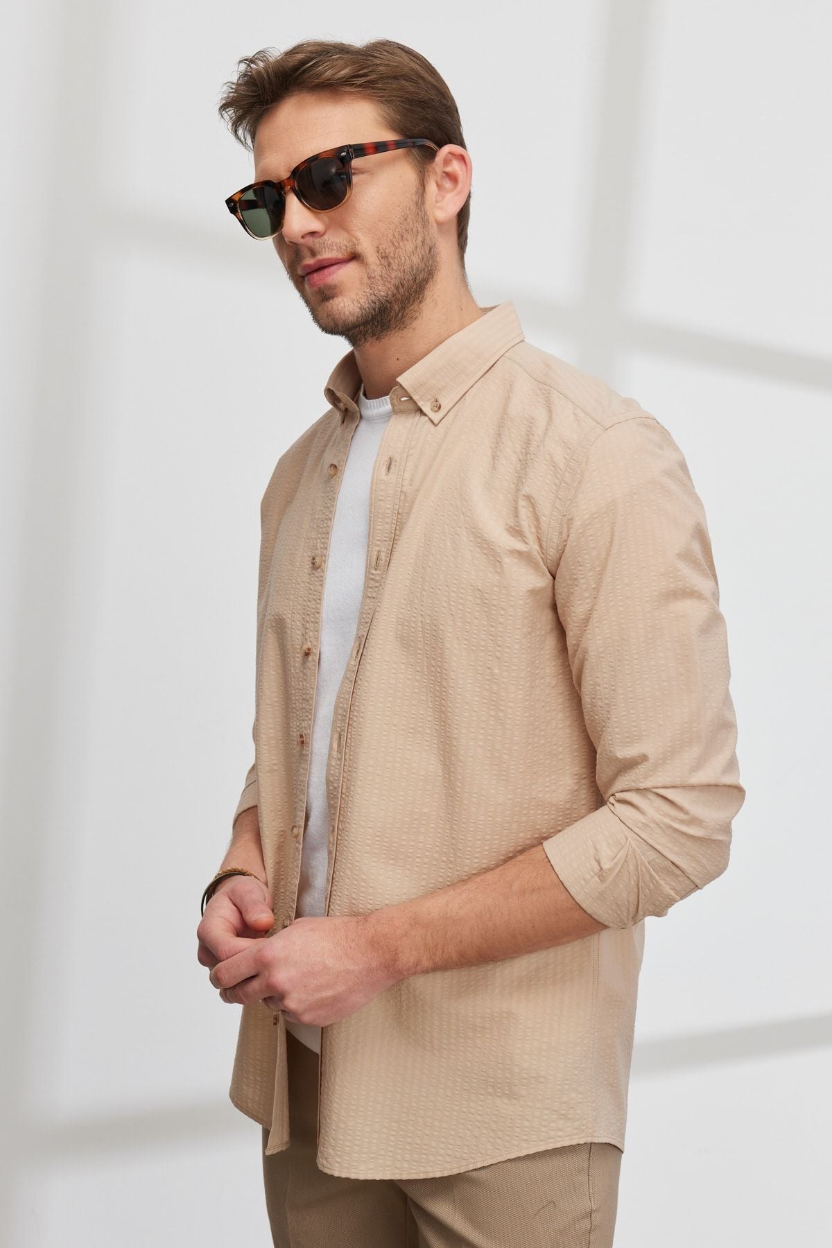 Men's Beige Slim Fit Narrow Cutting Buttoned Cotton Shirt