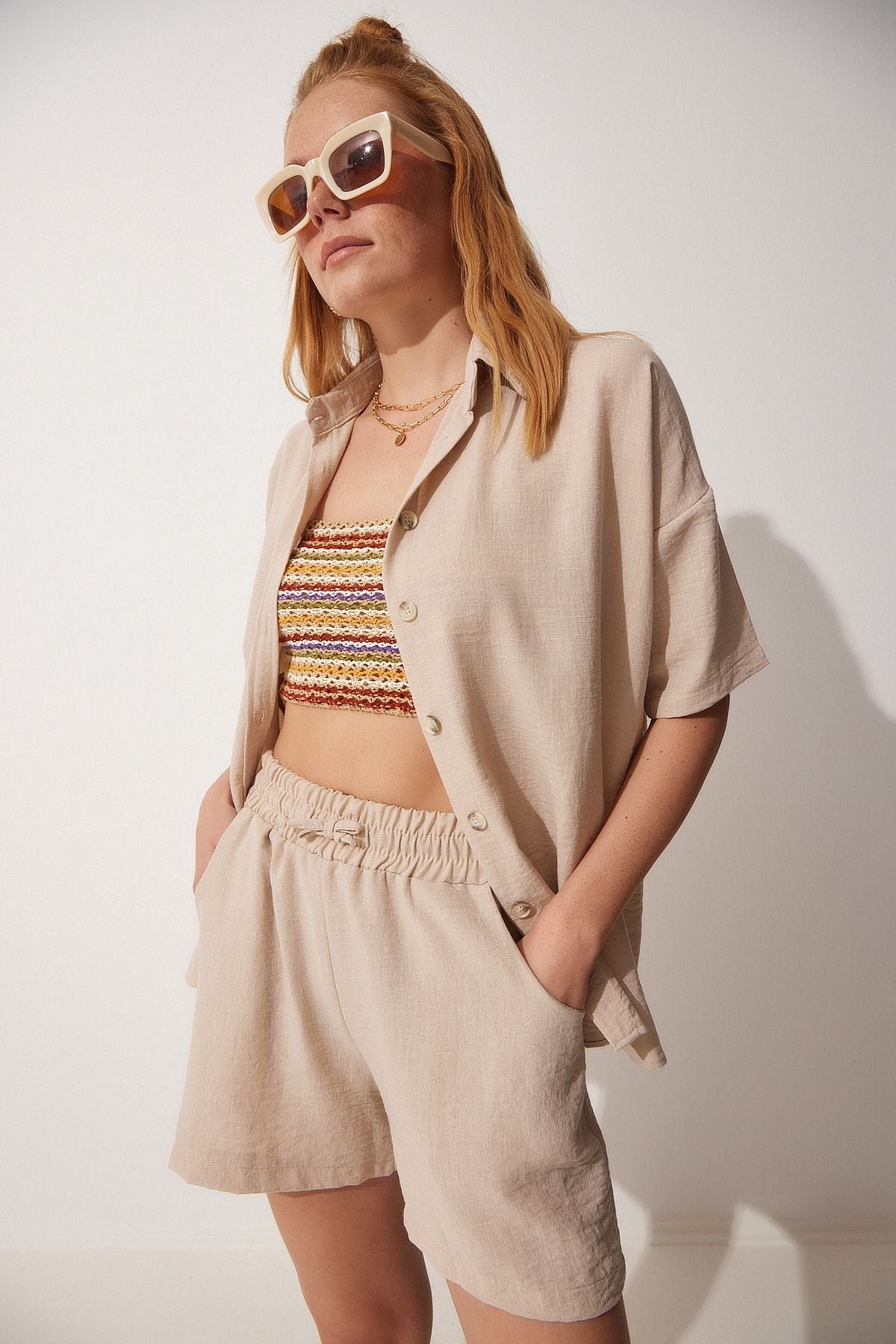 Female Beige Summer Linen Shirt Short Set CI00082