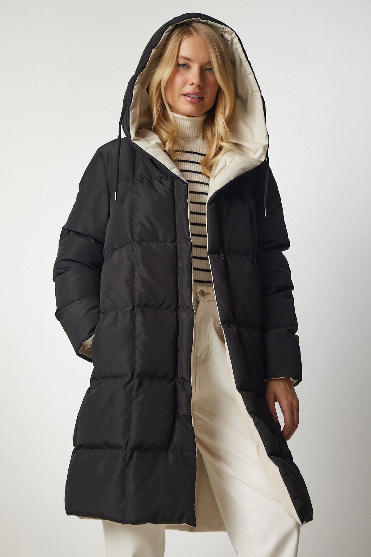 Female Black Cream Hooded Swelling Coat VP00005
