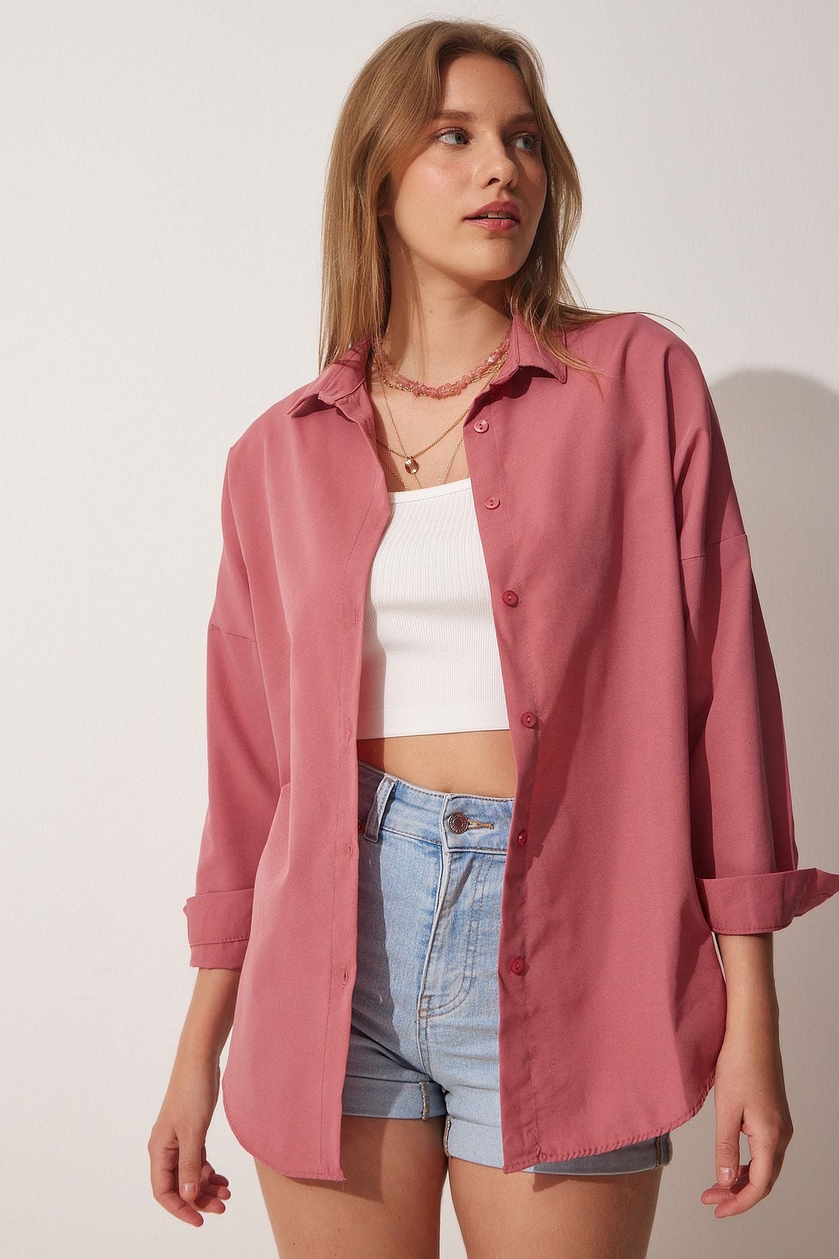 Woman Dark Rose Dry Oversize Long Basic Shirt DD00842