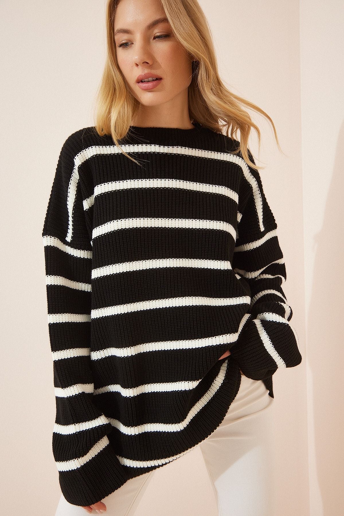 Women's black striped long oversize knitwear sweater yy00078