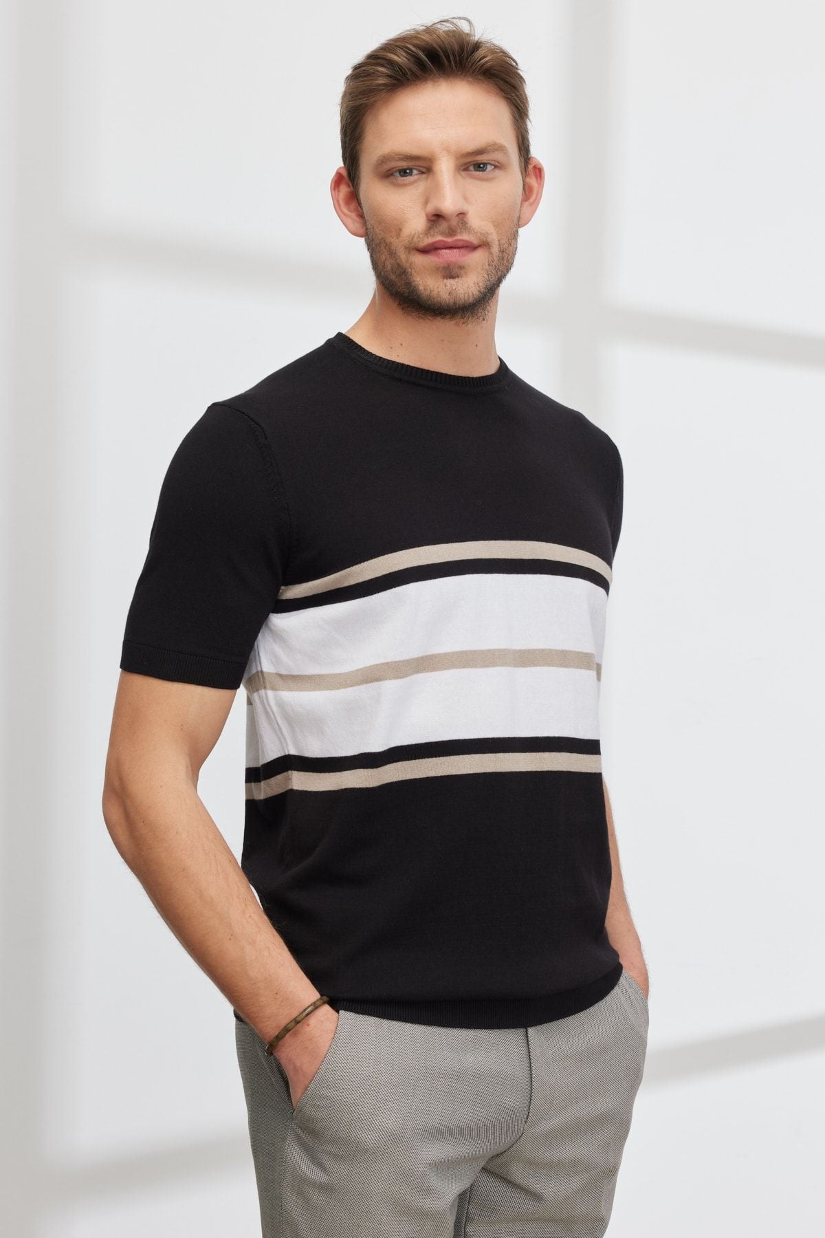 Men's Glass-Equipment Standard Fit Normal Normal Cut Bike Yaka 100 %Cotton Striped Triko T-shirt