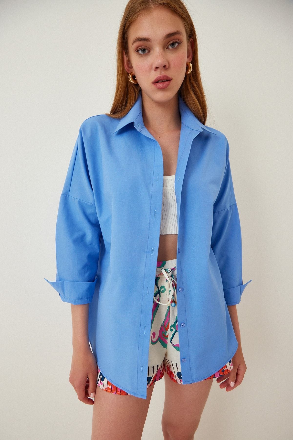 Woman Middle Blue Oversize Long Basic Shirt DD00842