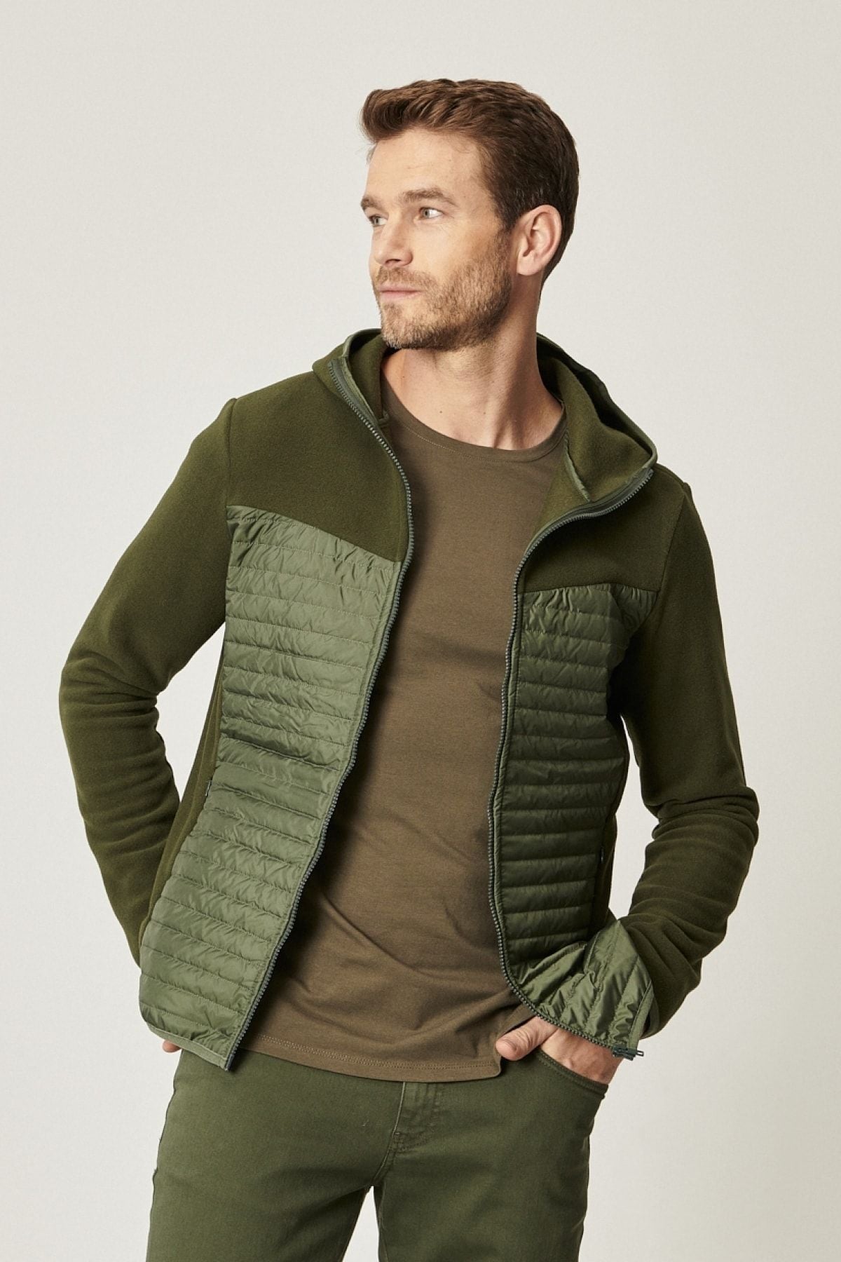 Men's Khaki Standard Fit Normal Normal Cut Hooded Sports Zippered Polar Coat