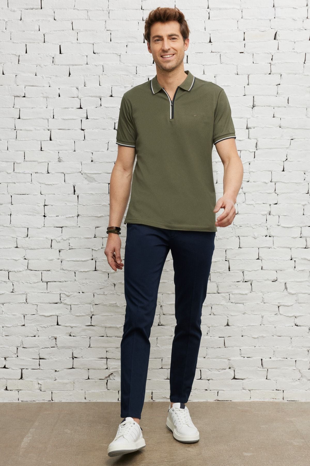 Men's Khaki Slim Fit Narrow Cut Polo Yaka Cotton Short Sleeve T -shirt