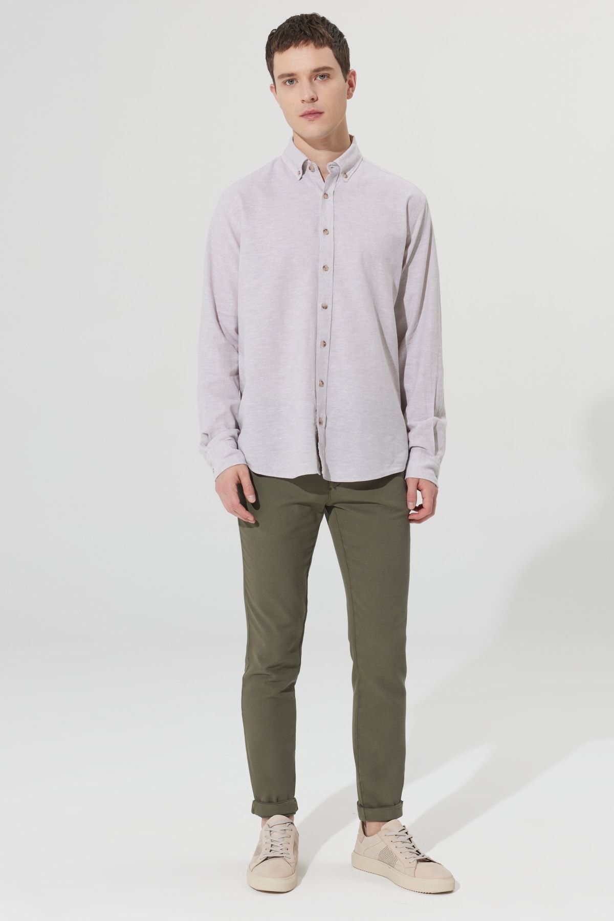 Men's Beige Linen Comfort Fit Casual Cutting Buttoned Neck Shirt