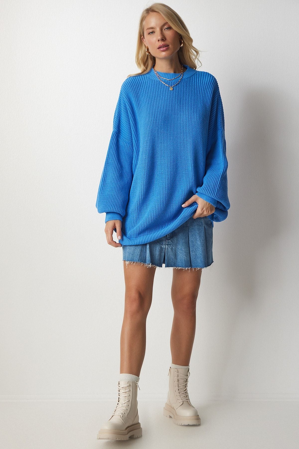 Woman Sky Blue Oversize Basic Knitwear Kazakh MX00126