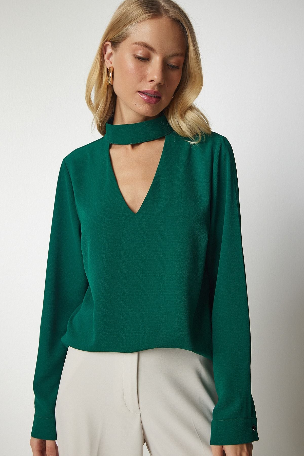 Female emerald green window detailed crepe blouse UB00155
