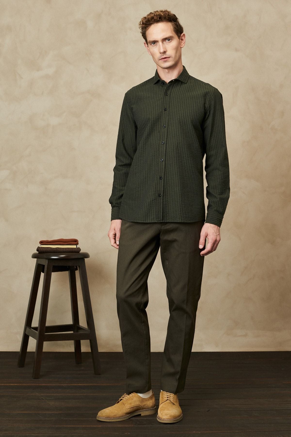 Men's Khaki Slim Fit Narrow Cutting Italian collar 100 %Cotton Wafer Shirt