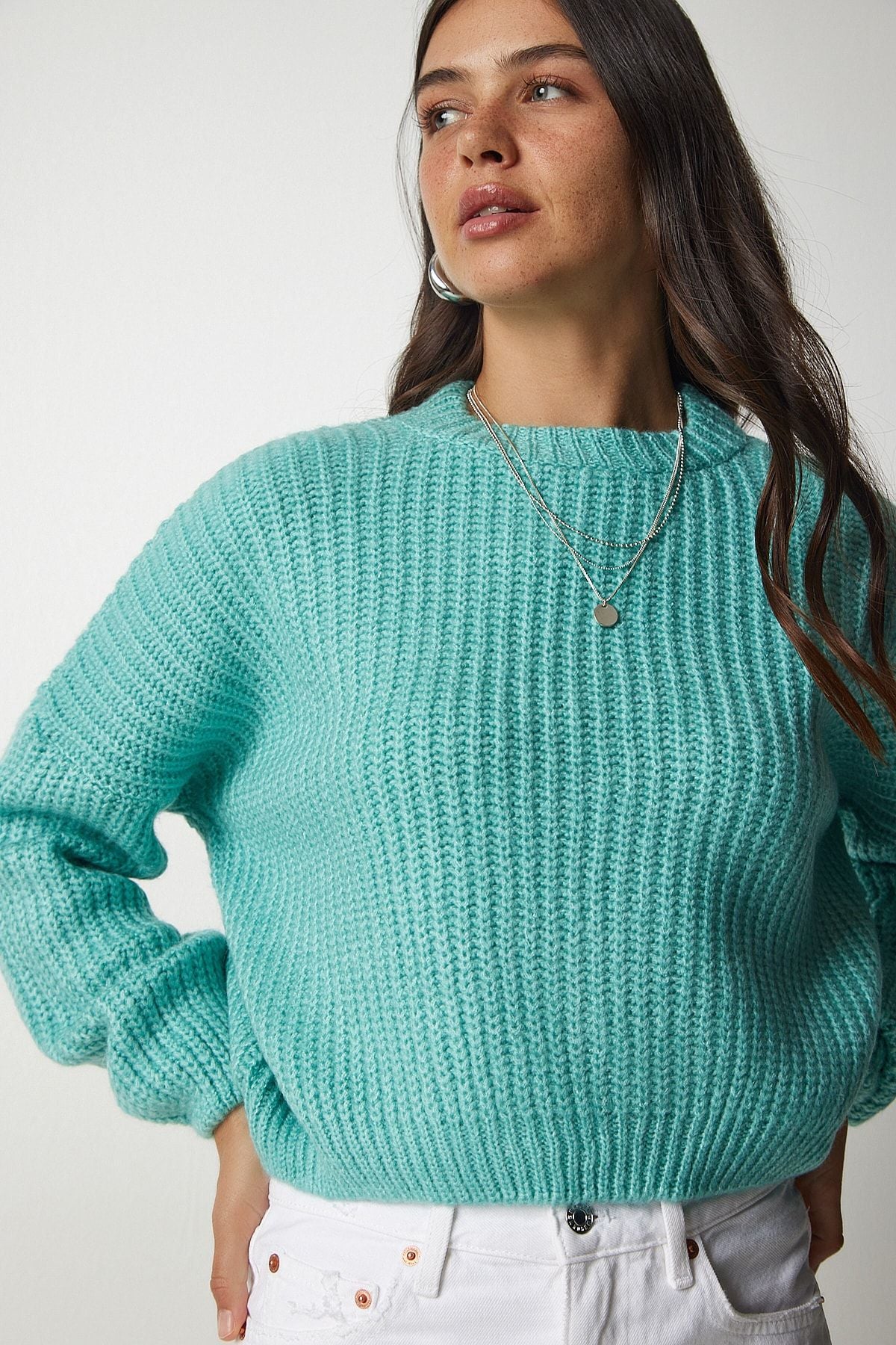 Women's Water Green Balloon Sleeze Basic Knitwear Kazakh BV00098