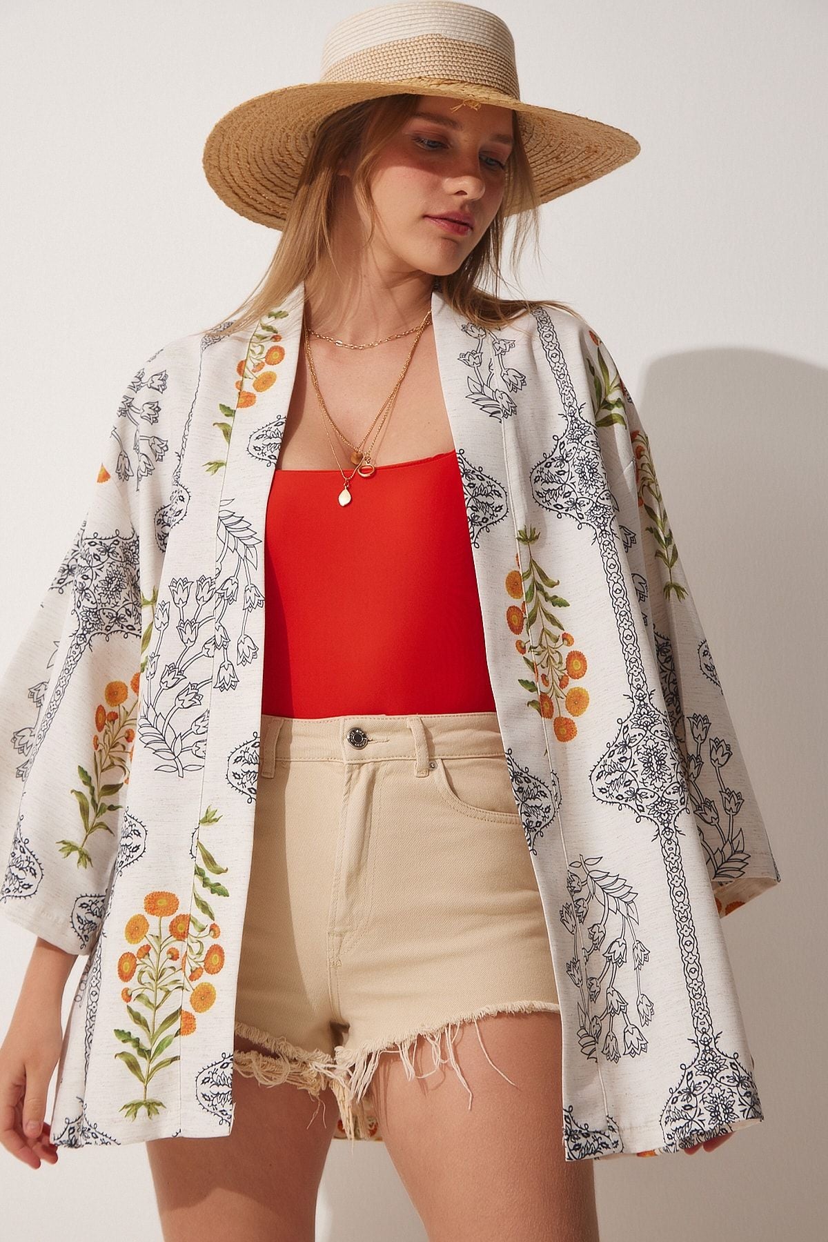 Female Ecru Patterned Linen Kimono MC00190