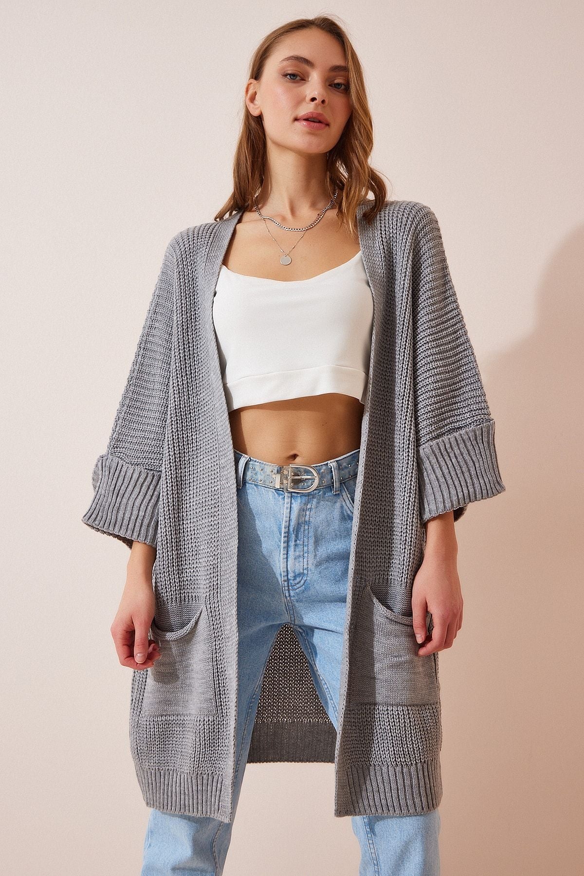 Woman Gray Oversize long pocket knitwear cardigan AS00003