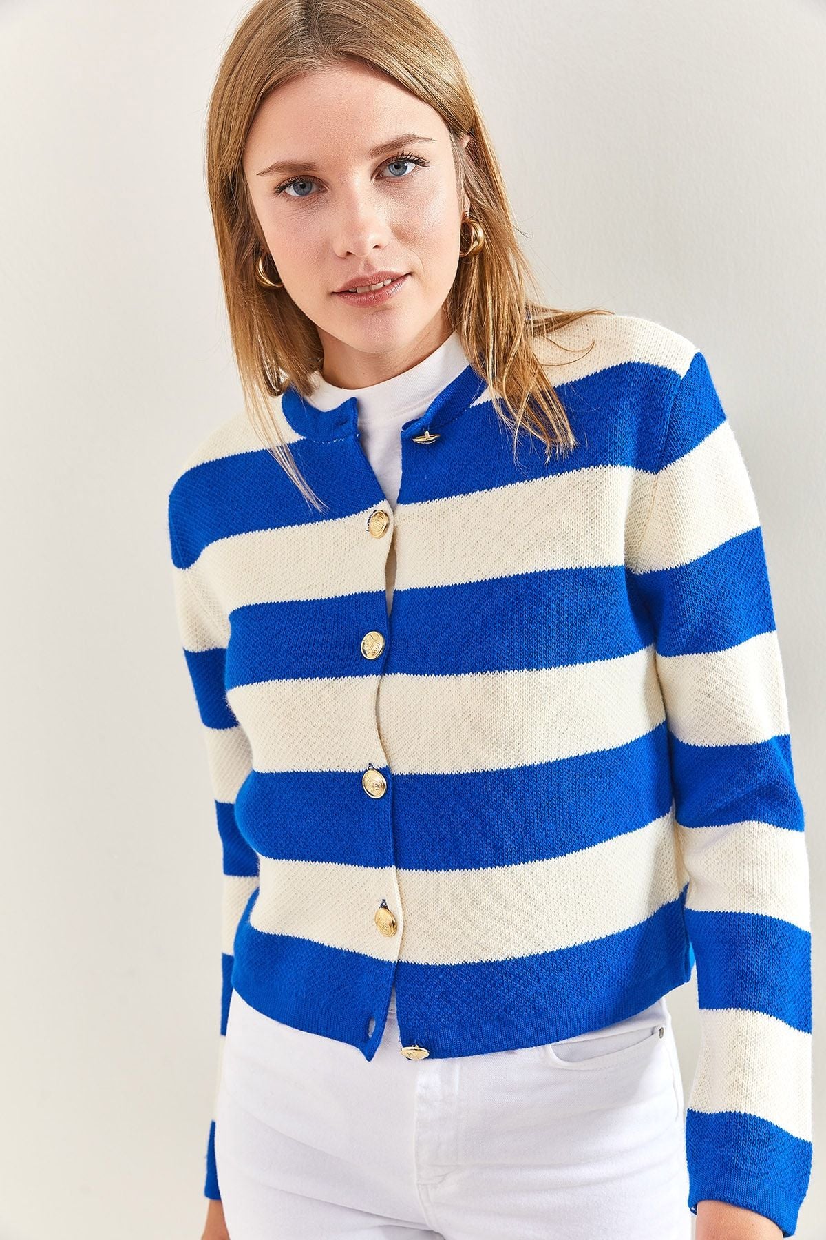 Women's metal button thick striped knitwear cardigan