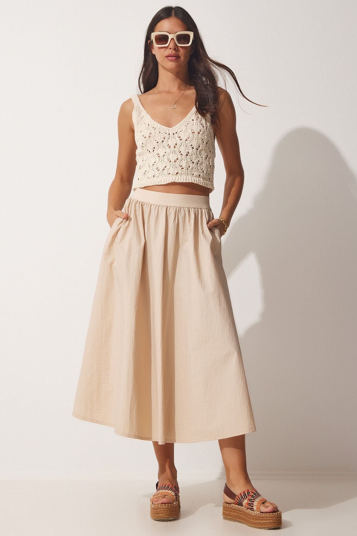 Women's Cream Balloon Parachute Midi Skirt UL00008