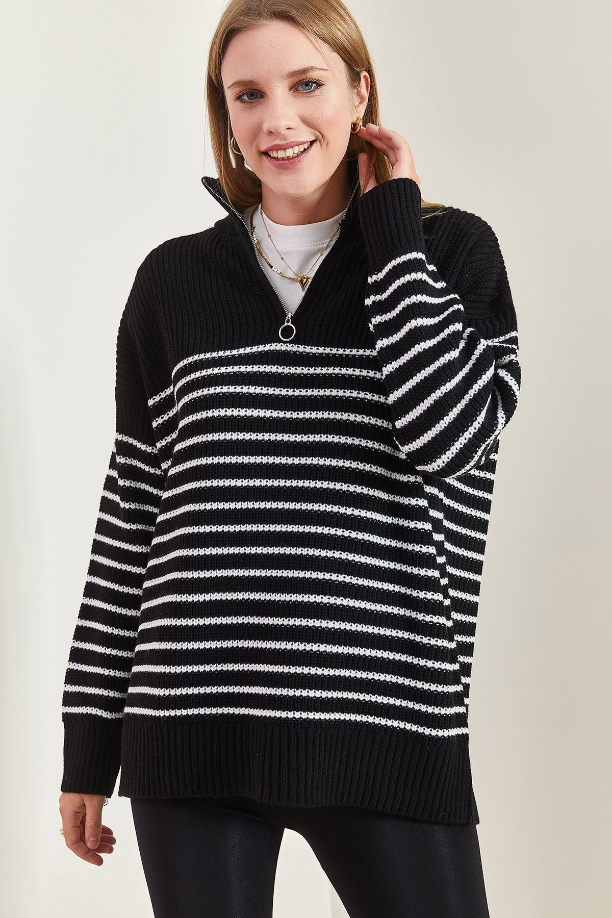 Female fisherman collar zipper six striped knitwear sweater