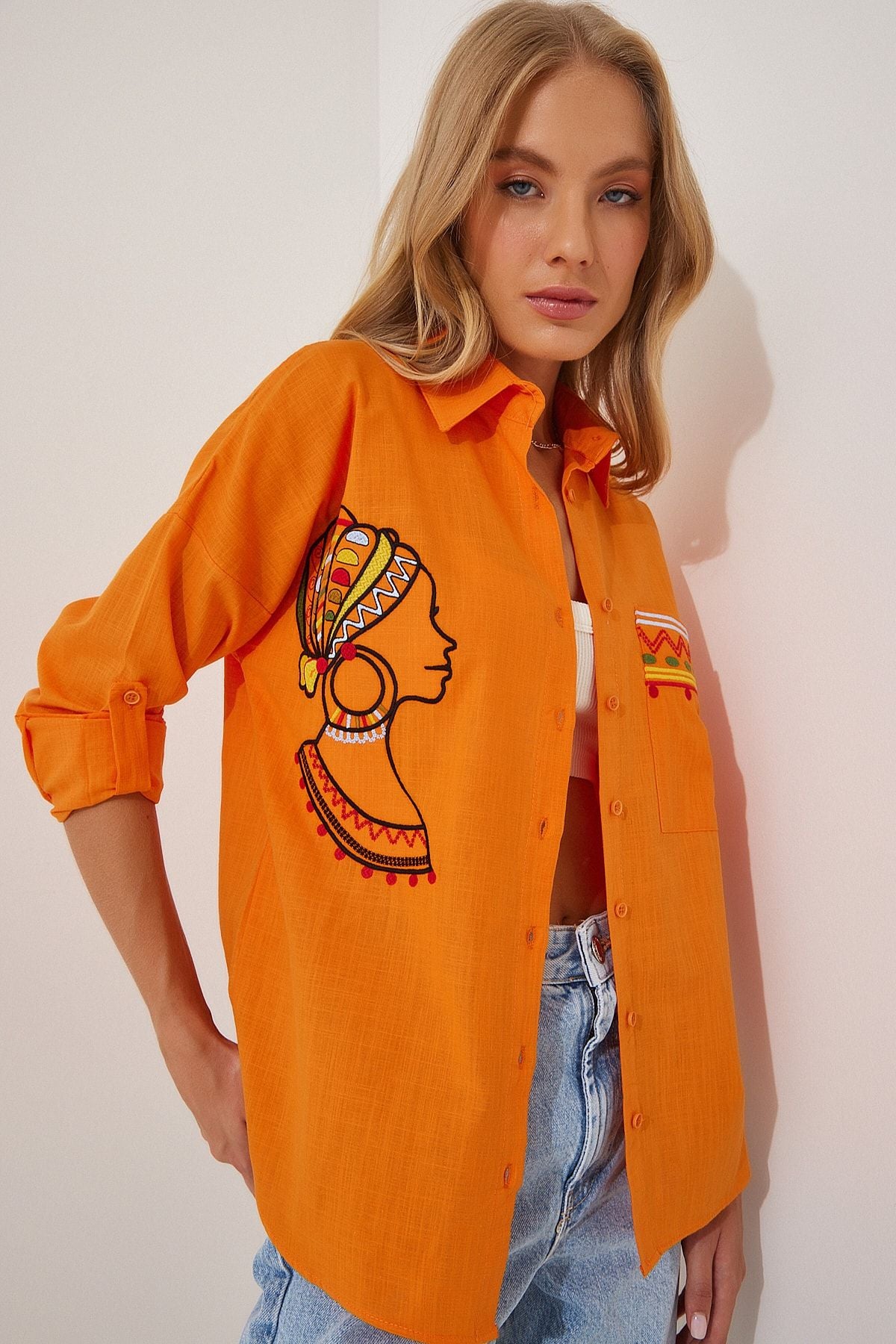 Woman Oranj Embroidery Detailed Oversize Linen Shirt De00004