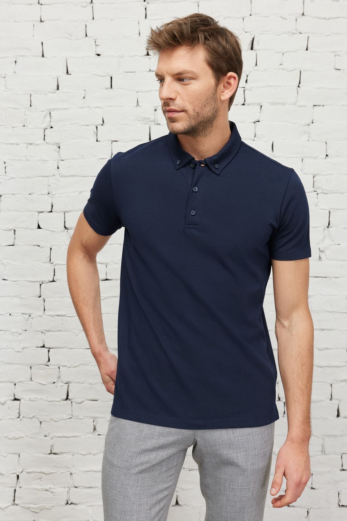 Men's navy blue slim fit narrow -cut breathing fabric polo collar cotton t -shirt