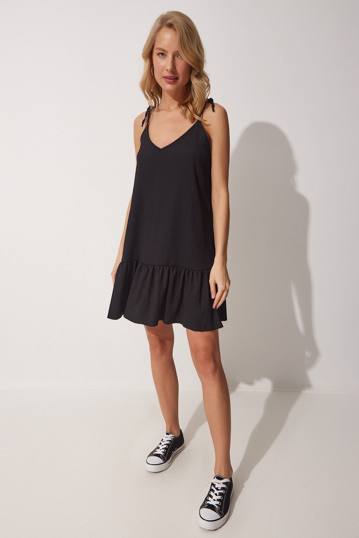 Woman Black Connected Hanger Summer Knitting Dress Fu00002
