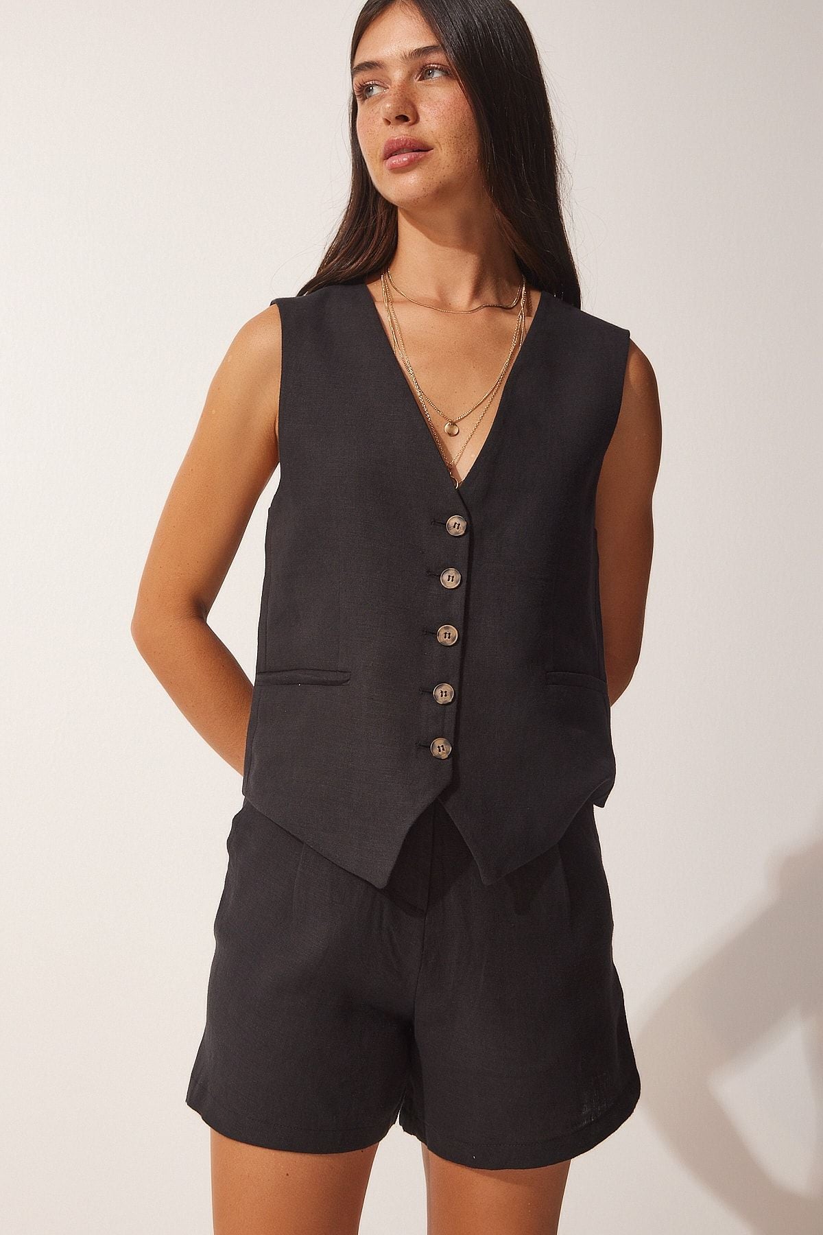 Woman Black Linen Surface Vest Shorts Set WF00043
