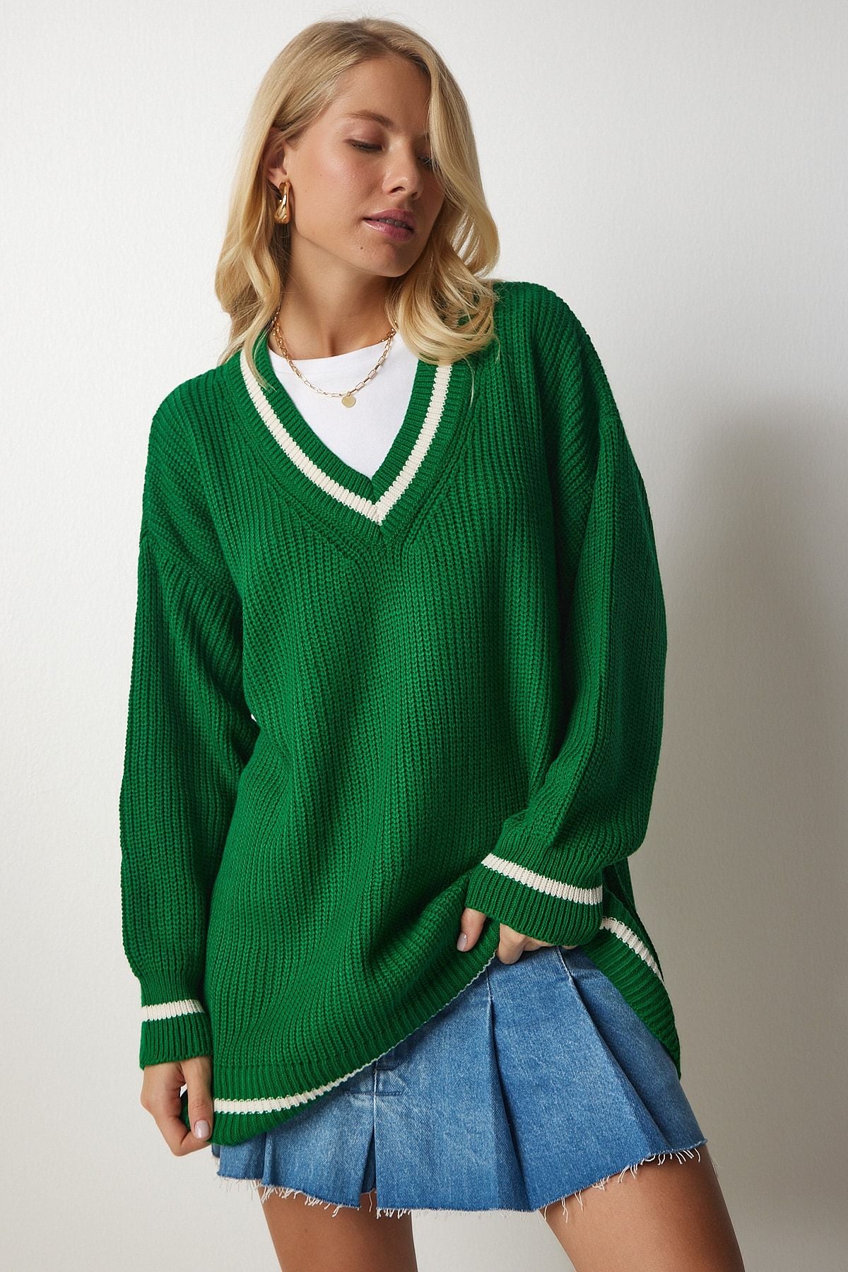 Woman Green V -Yaka Oversize Long Knitwear Sweater BP00140