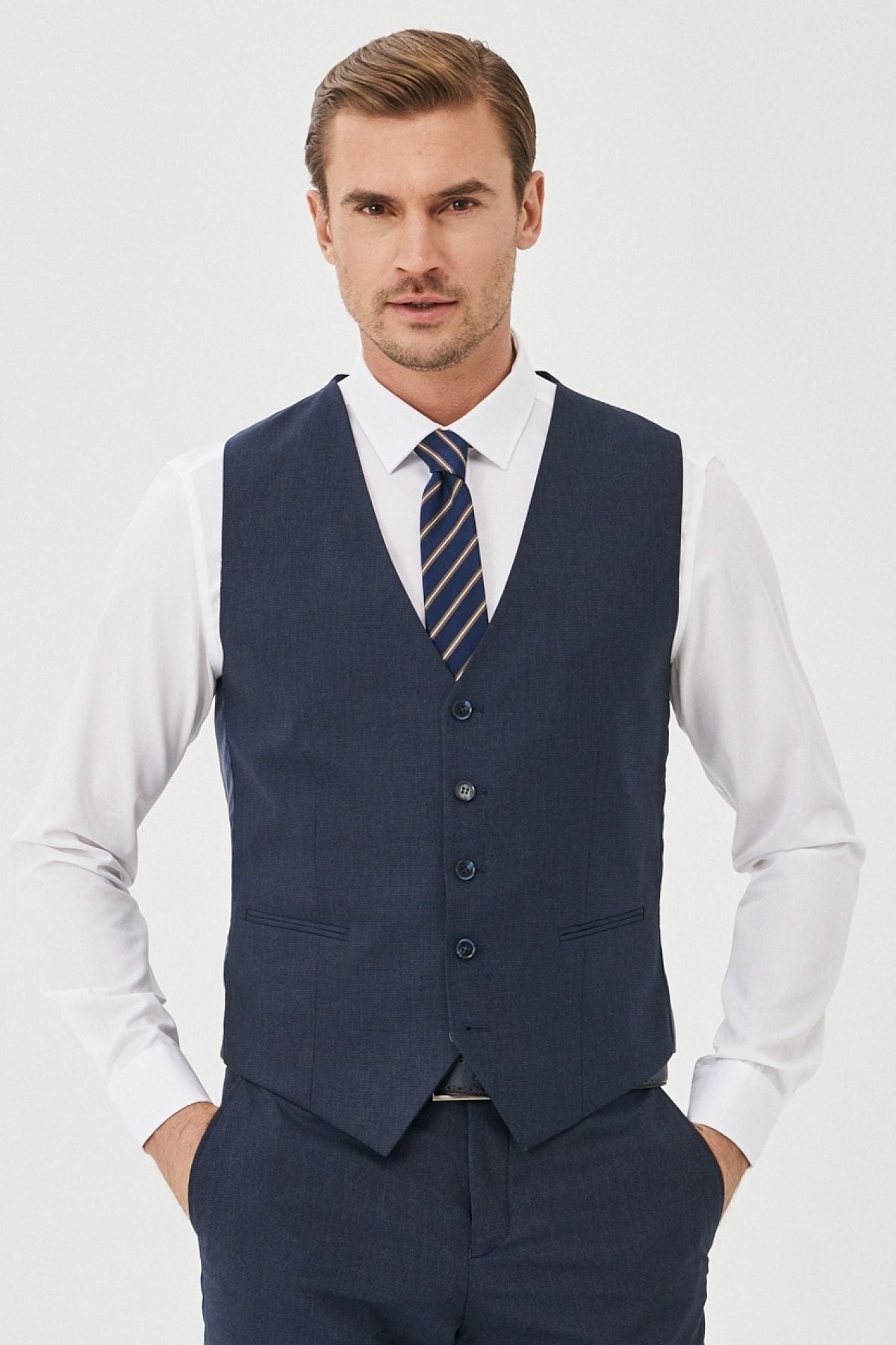 Men's navy blue-blue woolen extra slim fit narrow-cut patterned casual vest suit suits