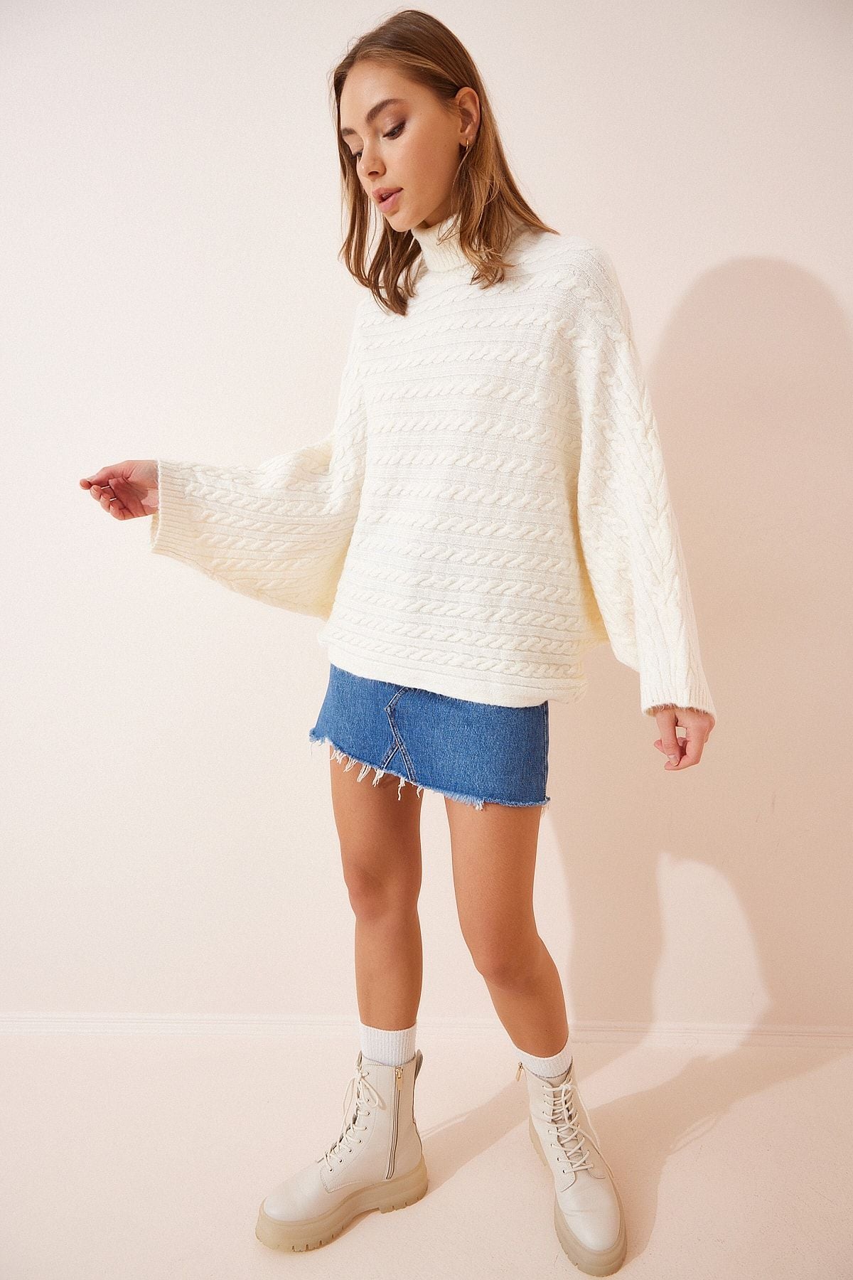 Female Bone Fisherman Neck Oversiz Pancho Knitwear Sweater US00873