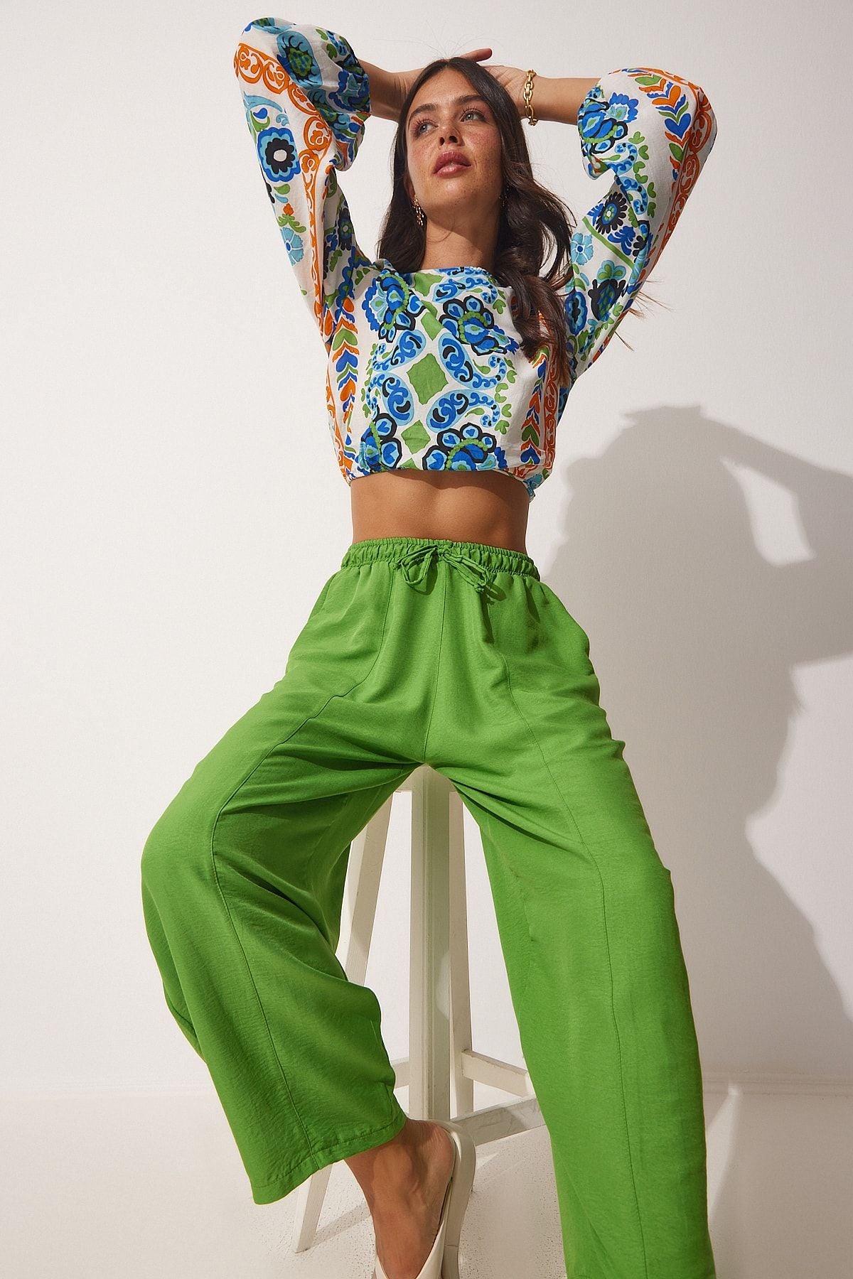 Female Live Green Pocket Linen Viscose Shalwar Pants CV00001