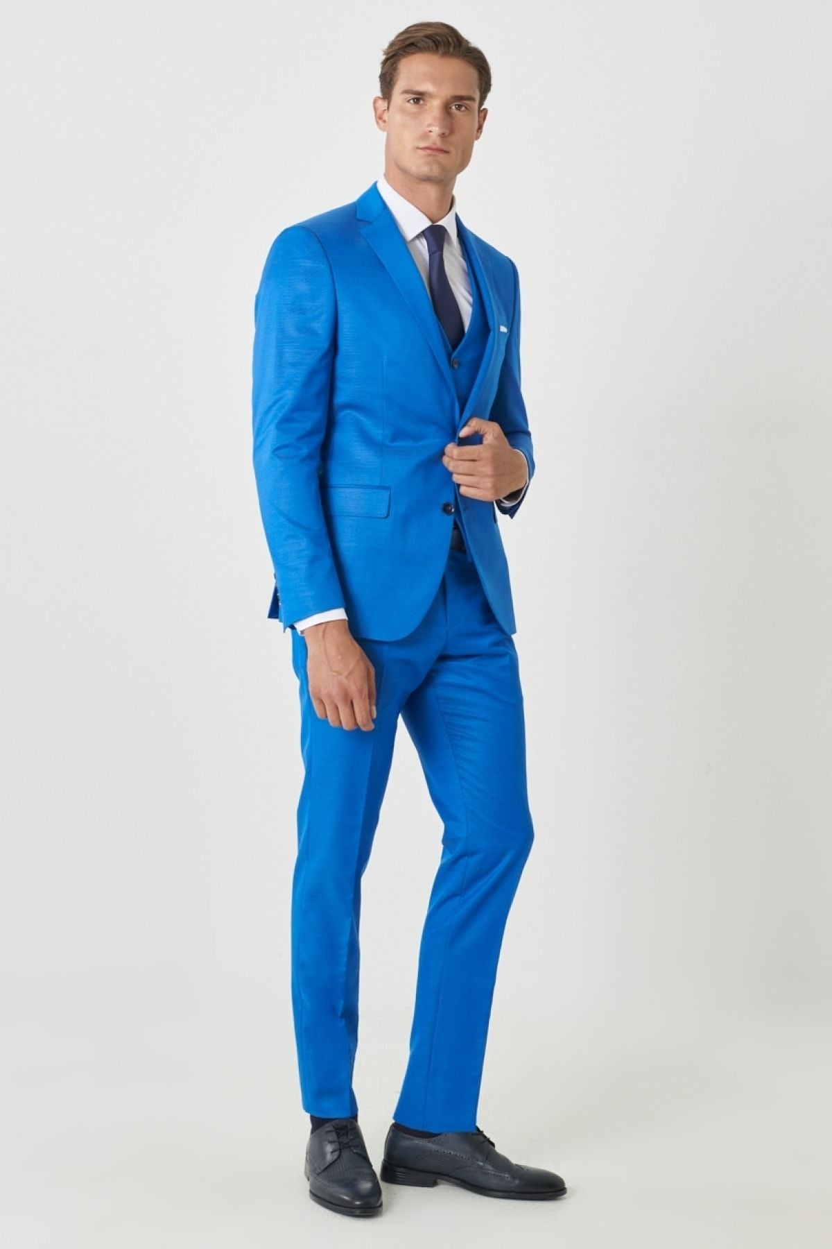Men's Saks Blue Wool Extra Slim Fit Narn Cut Mono Yaka Pick Patter