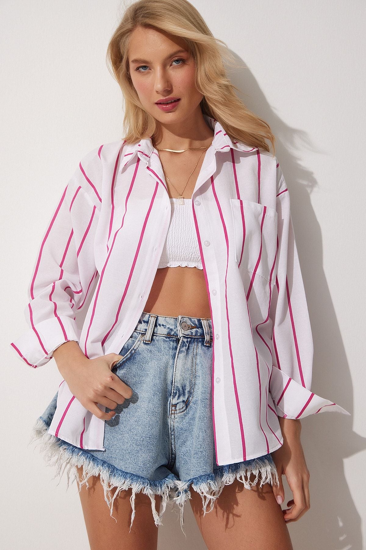 Woman Pink White Striped Oversize Long Cotton Shirt DX00005