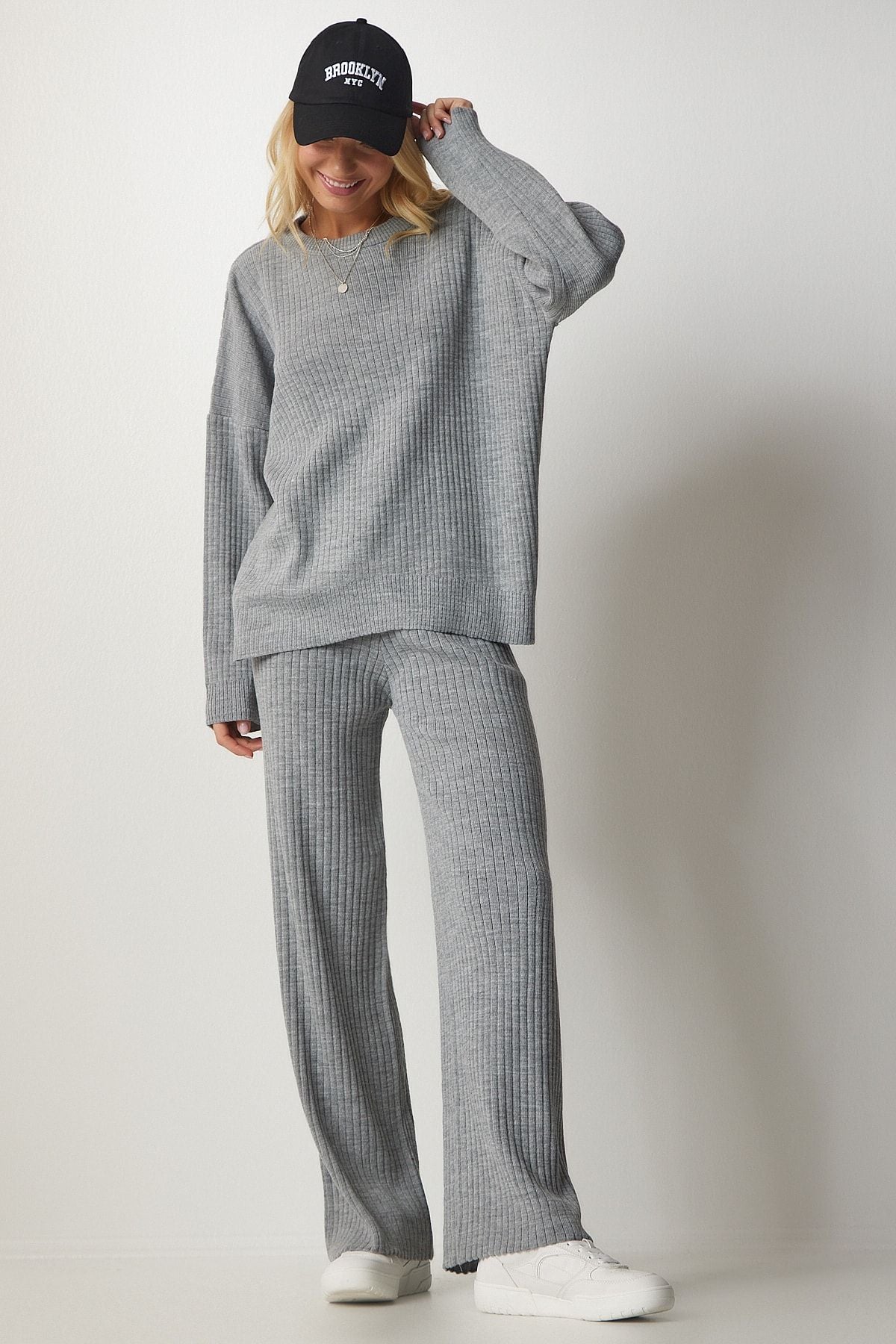 Female Gray Knitwear Cossack Pants Set MX00112