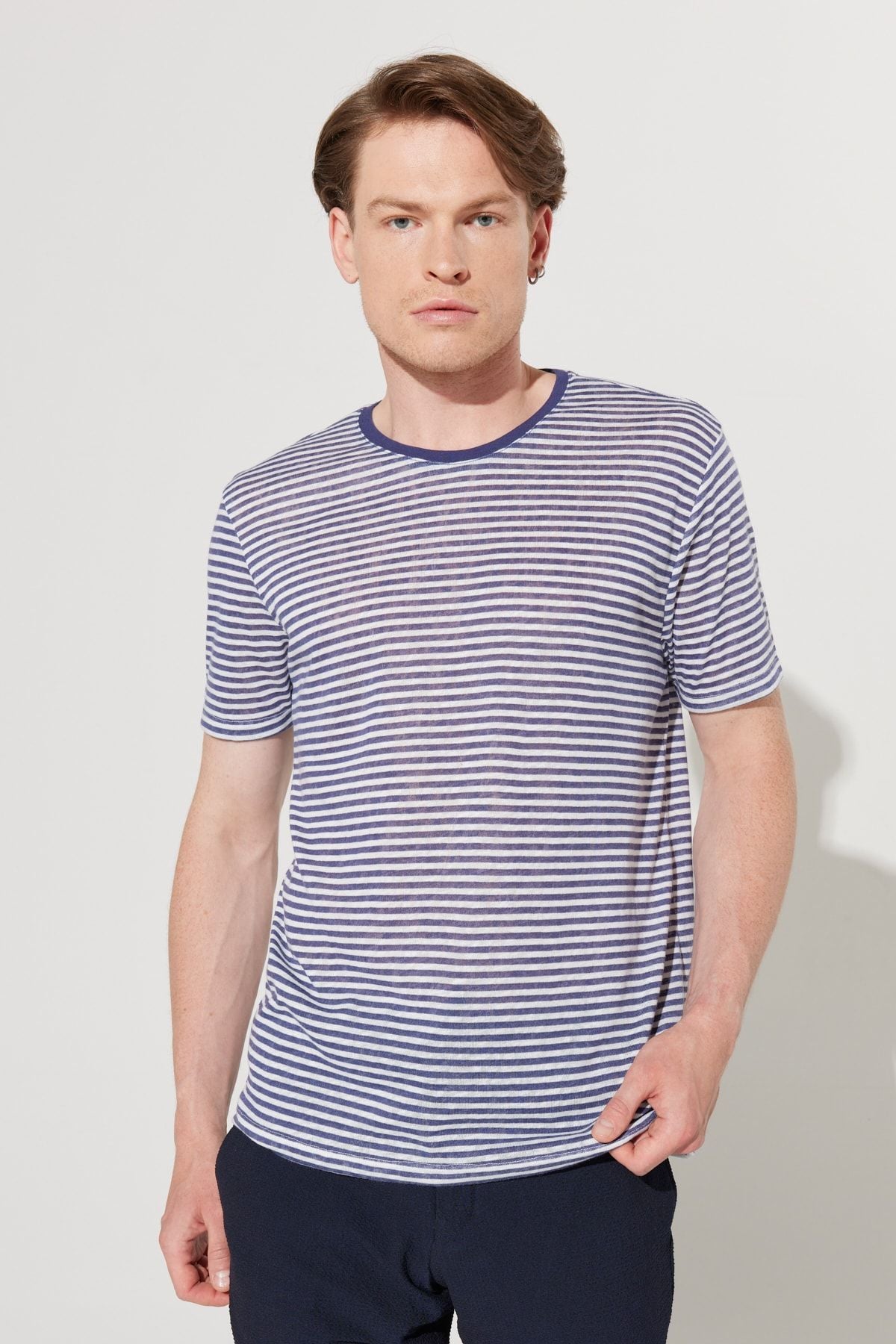 Men's White-Lacivert Slim Fit Narrow Cutting Bike Bike collar striped T-shirt