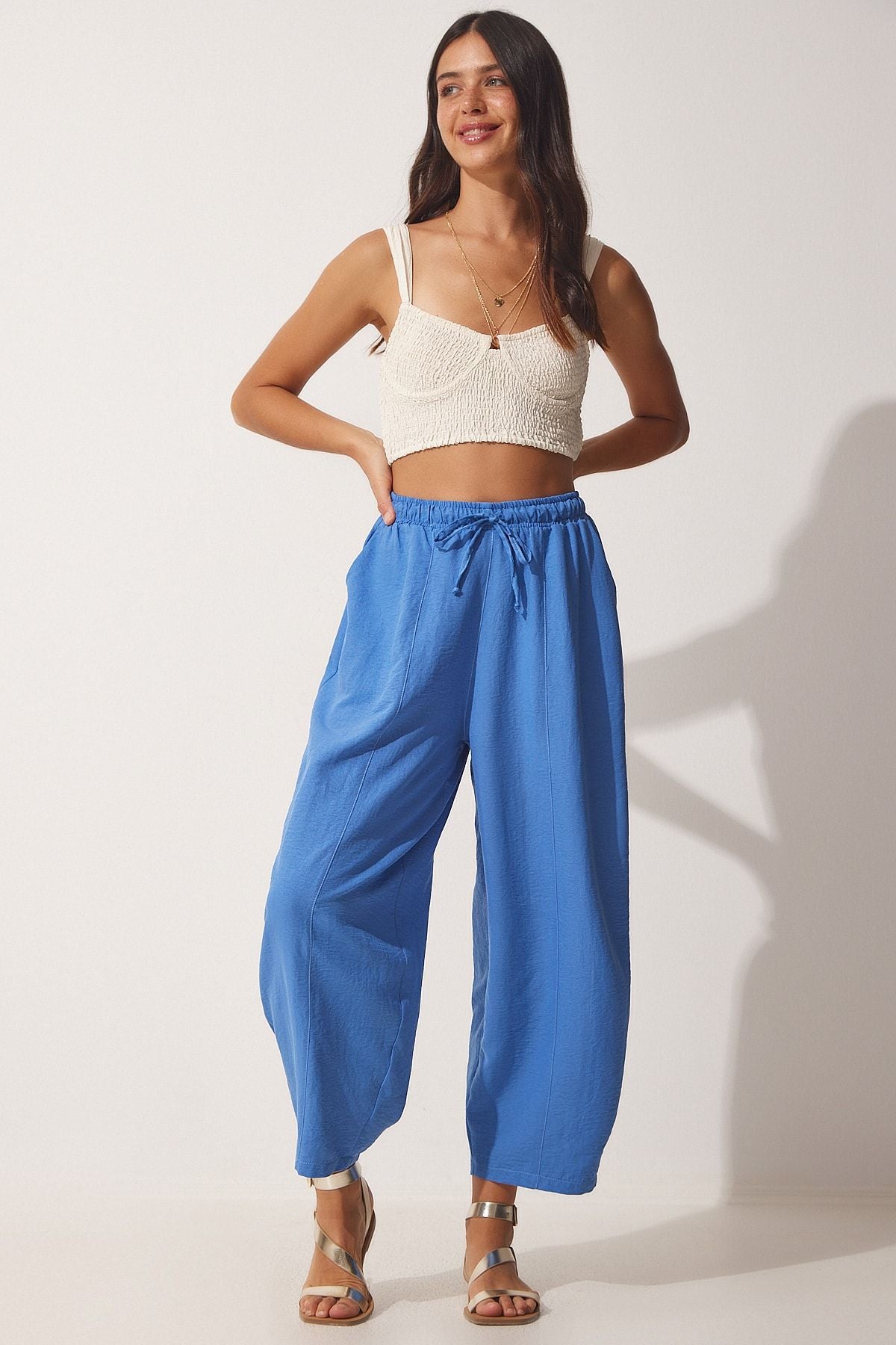 Female Blue Pocket Linen Viscose Shalwar Pants CV00001