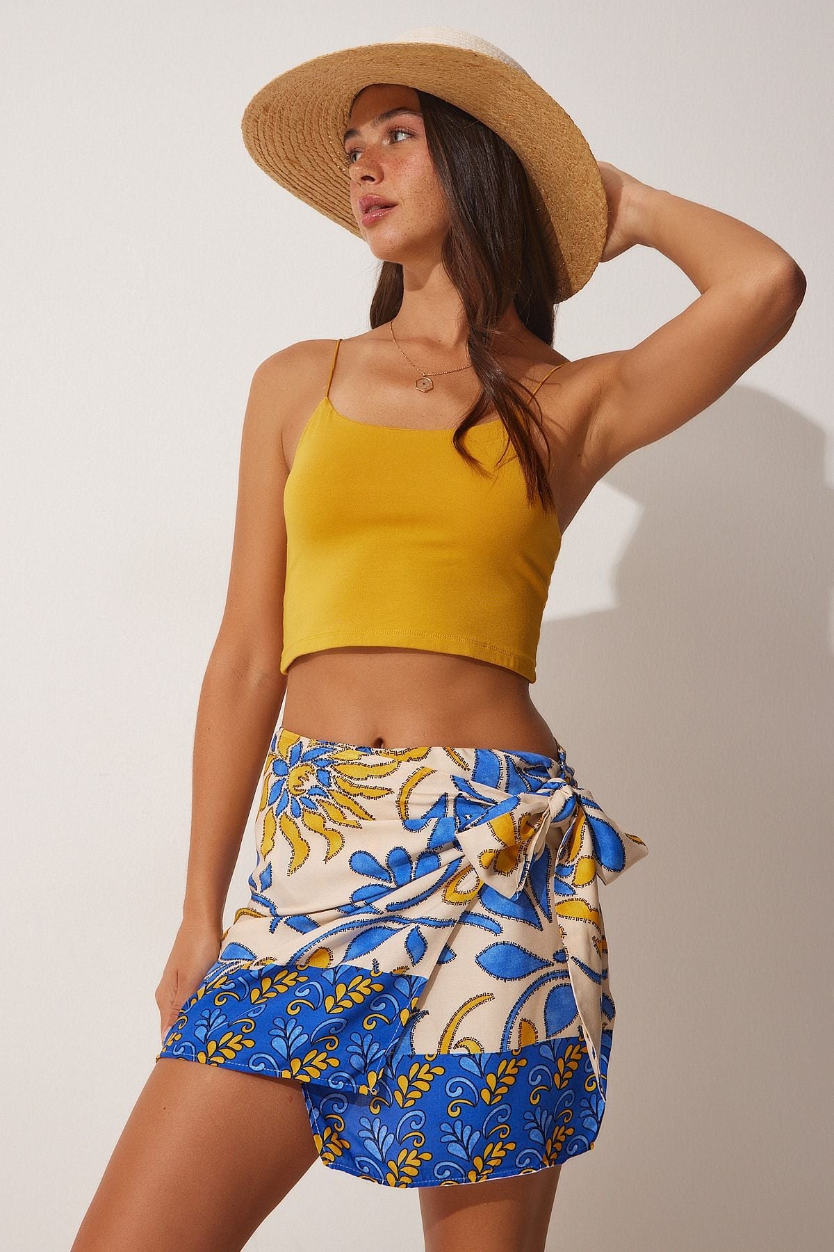 Female Blue Beige Patterned Mini Viscose Skirt FN03063