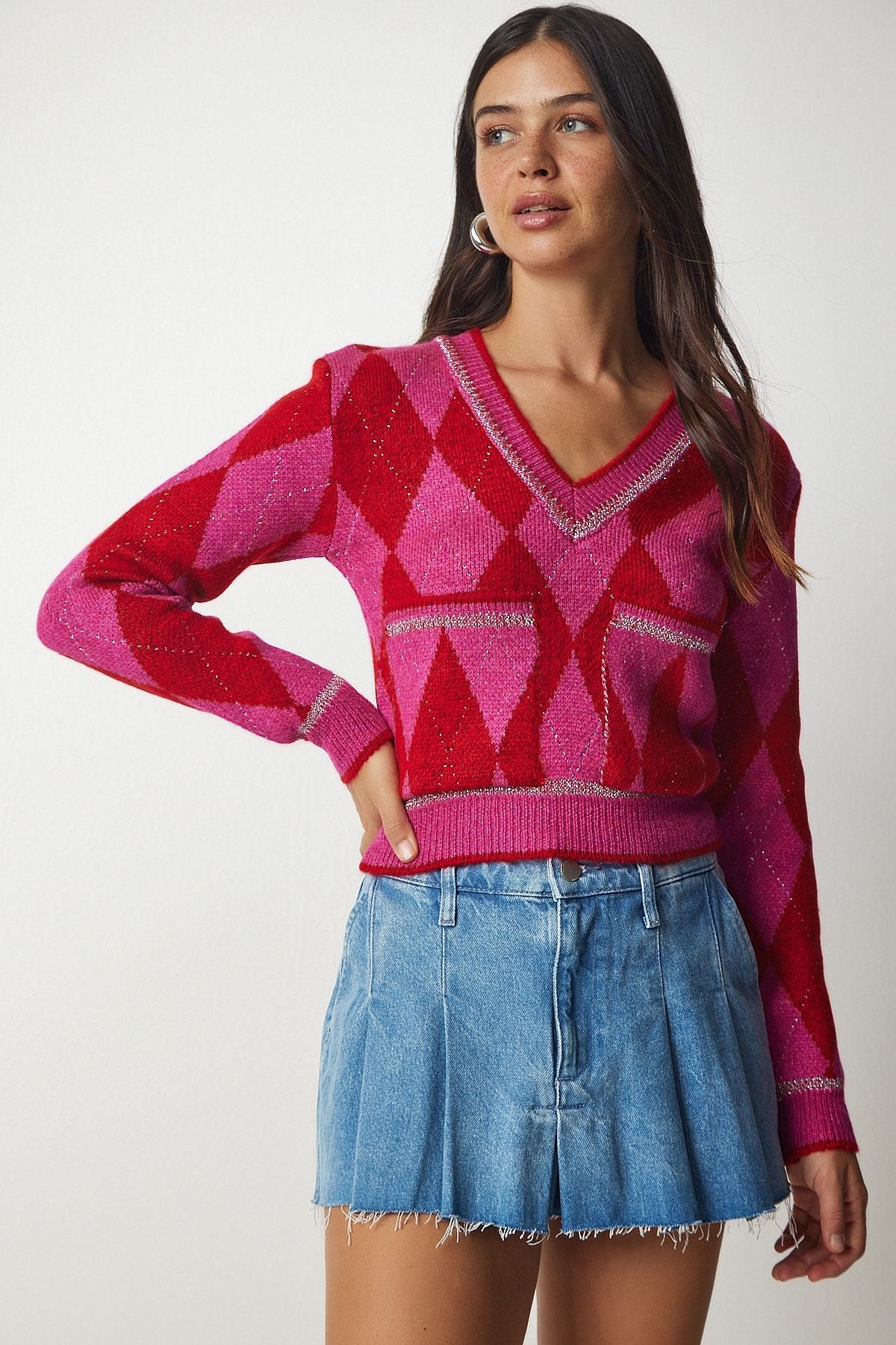 Women's Fuchsia Red Baklava Patterned Pocket Knitwear Kazakh BV00105