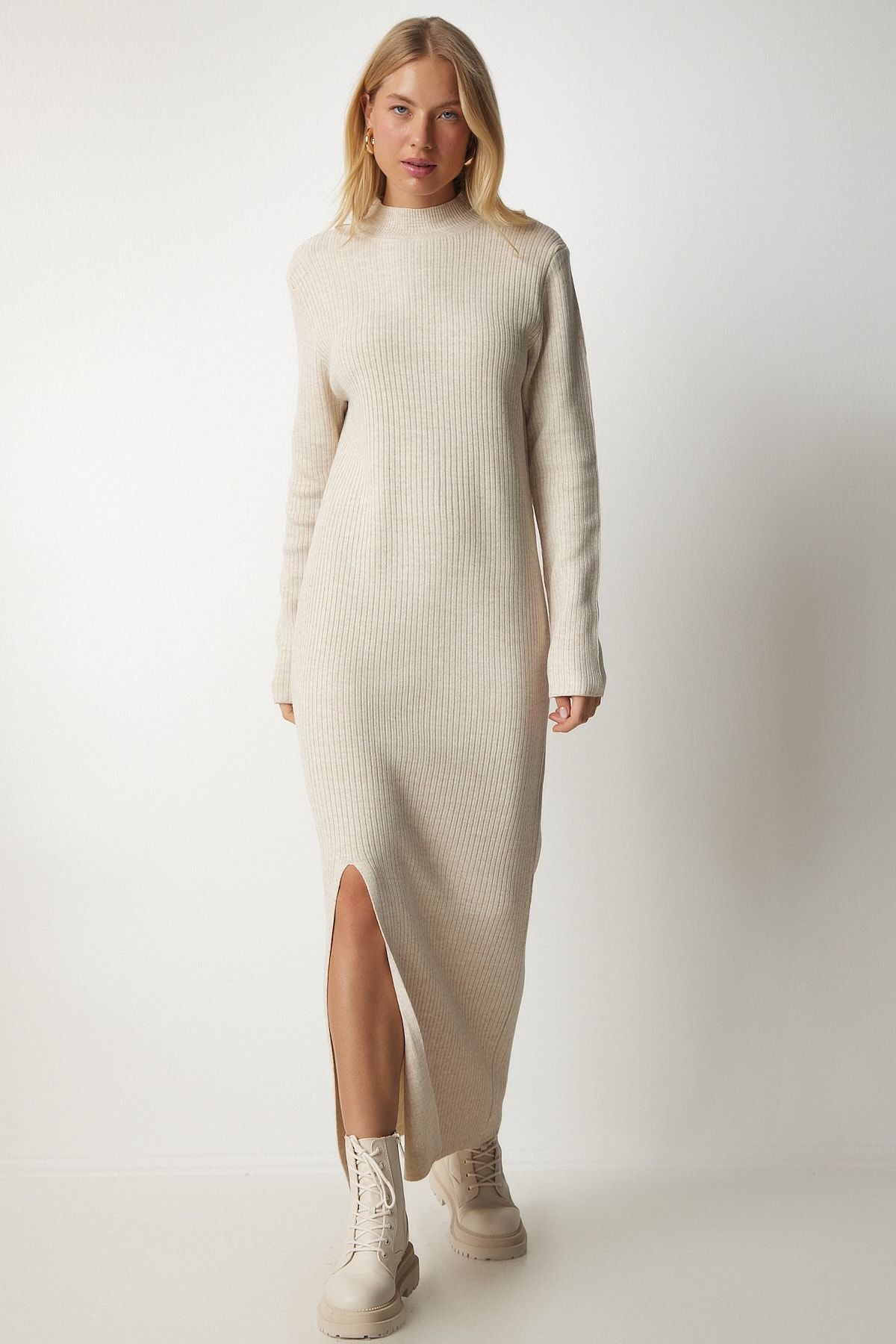 Female Beige Fisherman Collar Slit Long Knitwear Dress YY00163