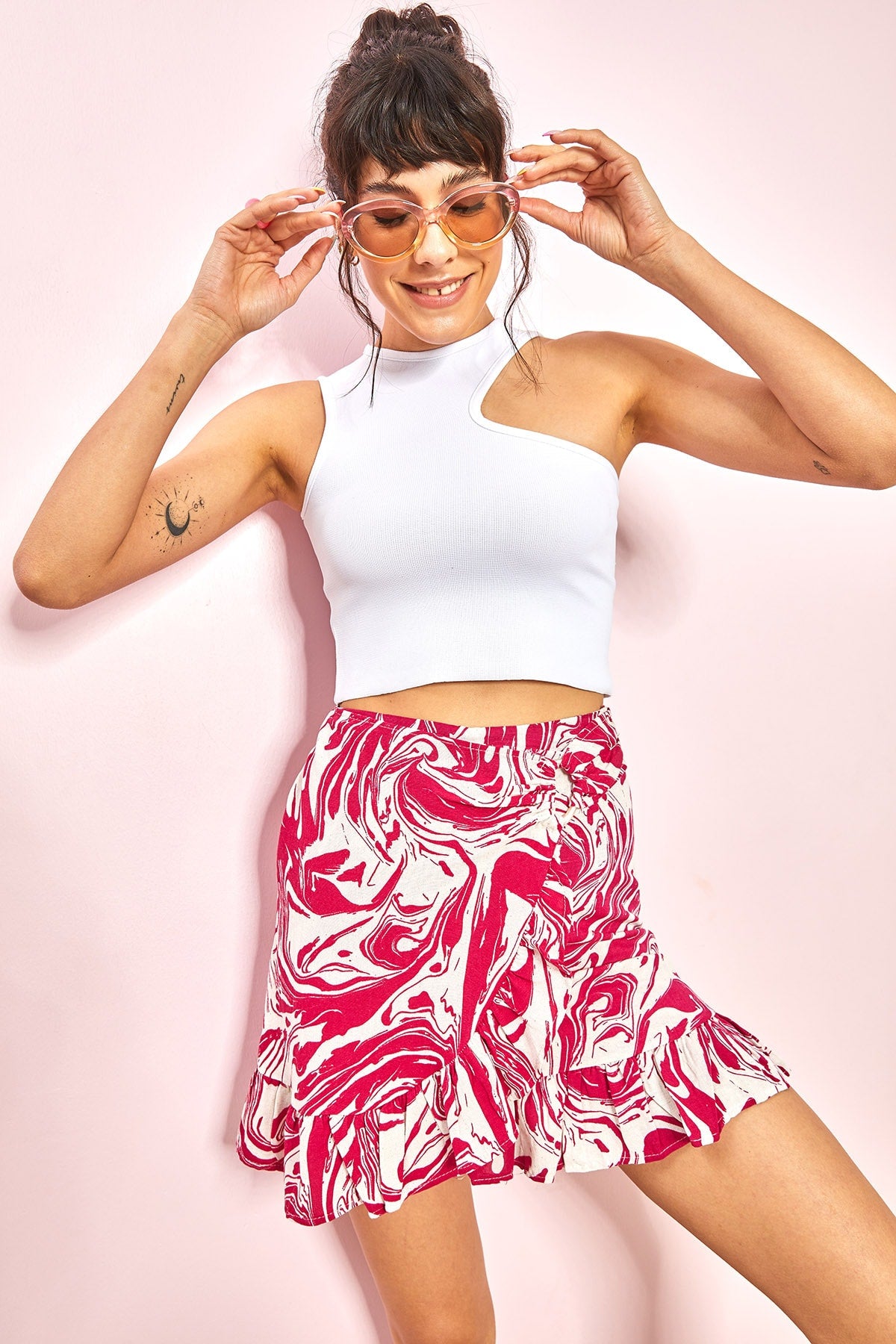 Women's Skirt Ruffle Buckle Detailed Patterned Linen Skirt 7079 30971019