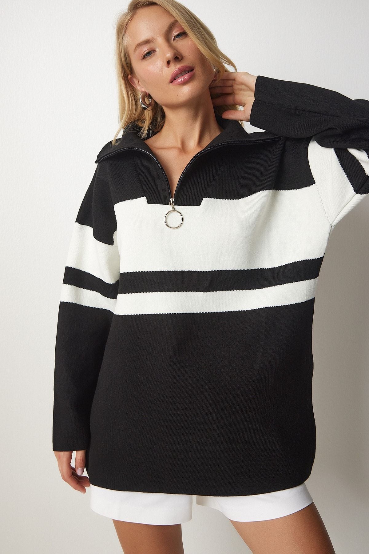 Female black zipper collar striped knitwear sweater US00700