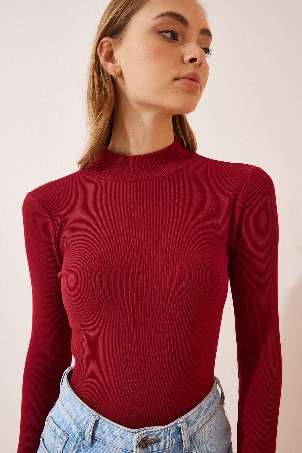 Female burgundy fisherman collar wick knitted blouse GT00054