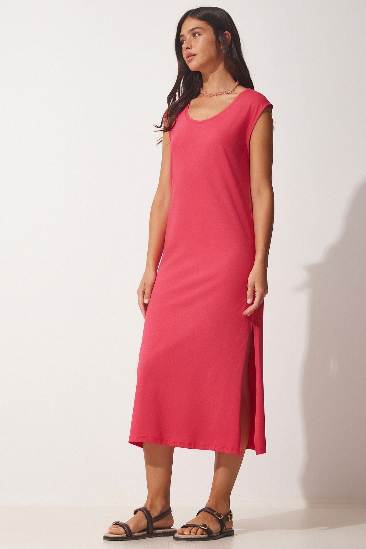 Woman Dark Pink Sleeveless Daily Knitting Dress UB00112