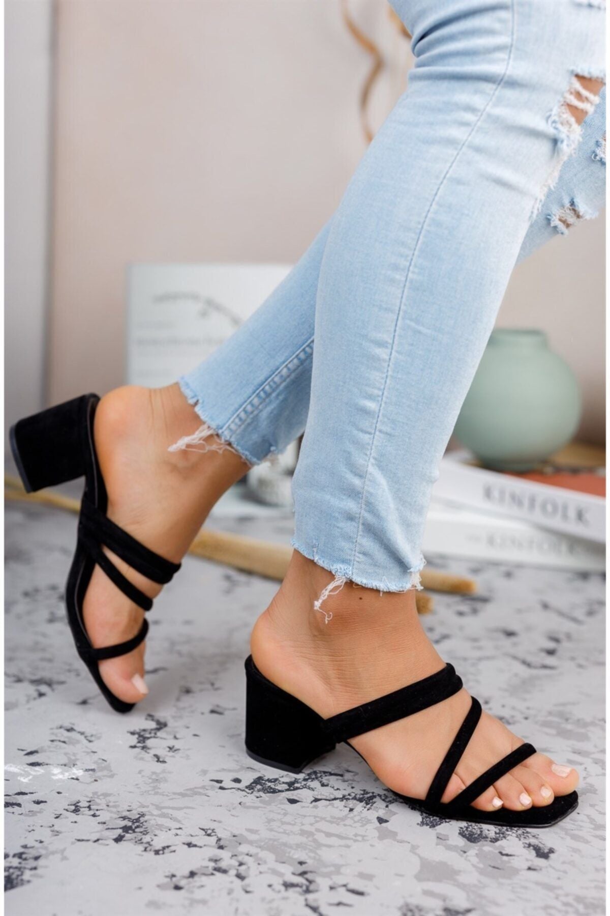 Woman Black Suede Heels Slippers