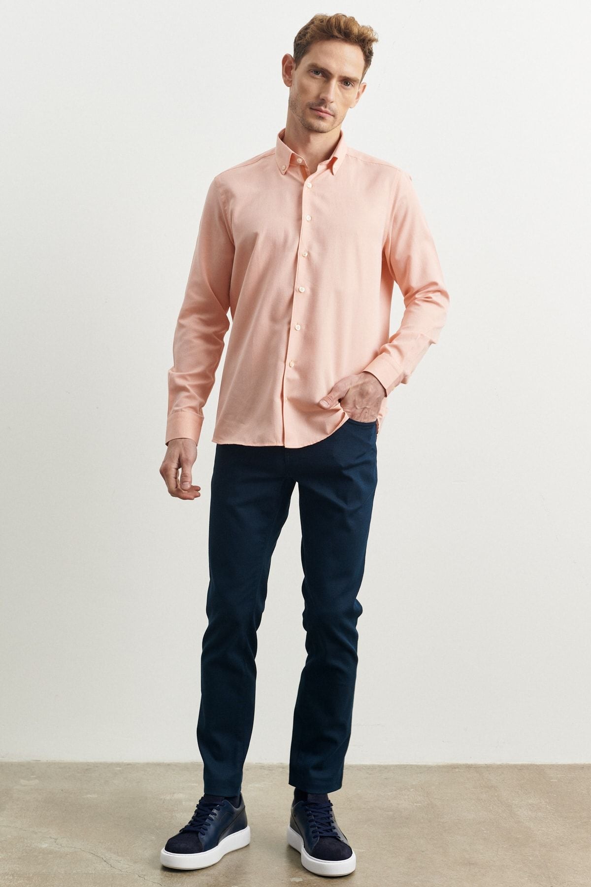 Men's Orange Slim Fit Narrow Cut Cotton Hidden Buttoned Neck Long Sleeve Oxford Shirt