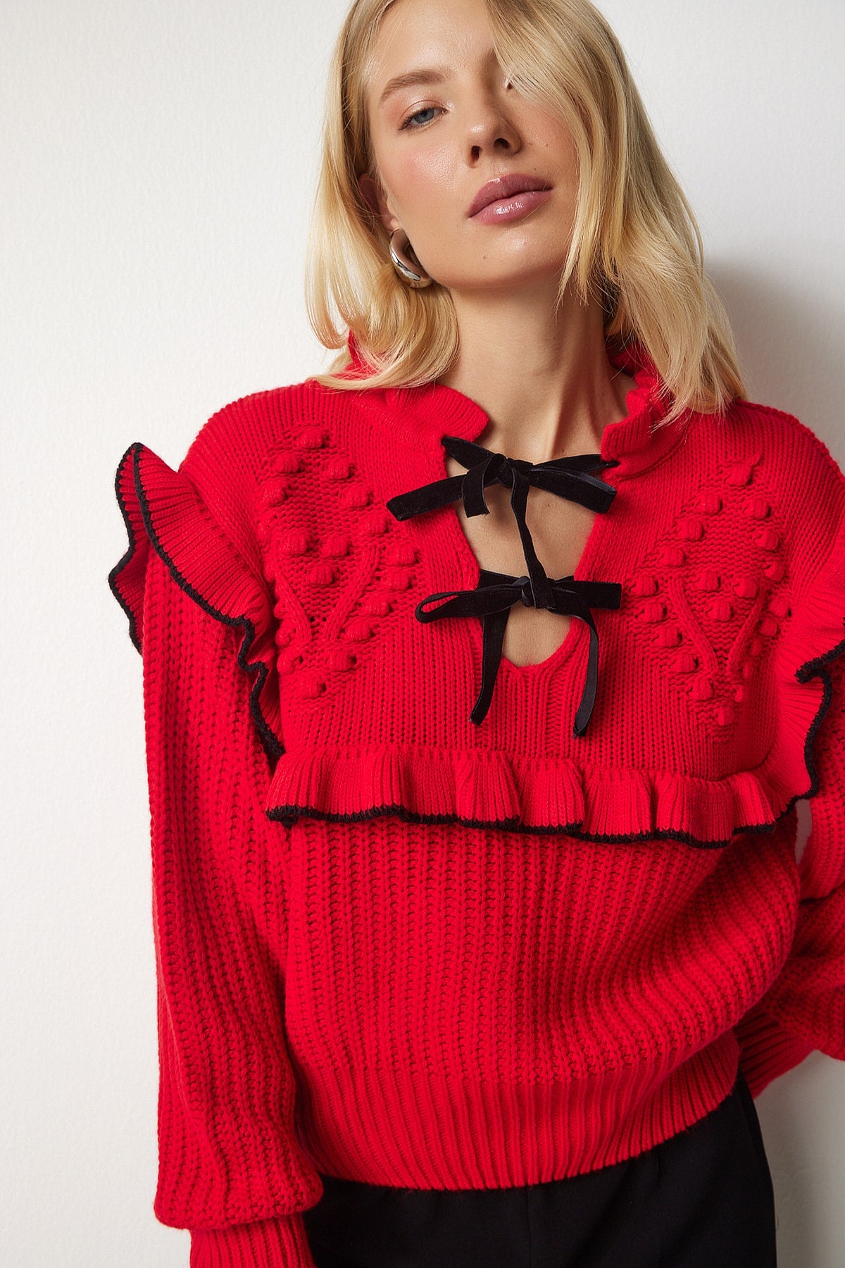 Woman Red Ruffle Bow Bow Triko Sweater MT00112