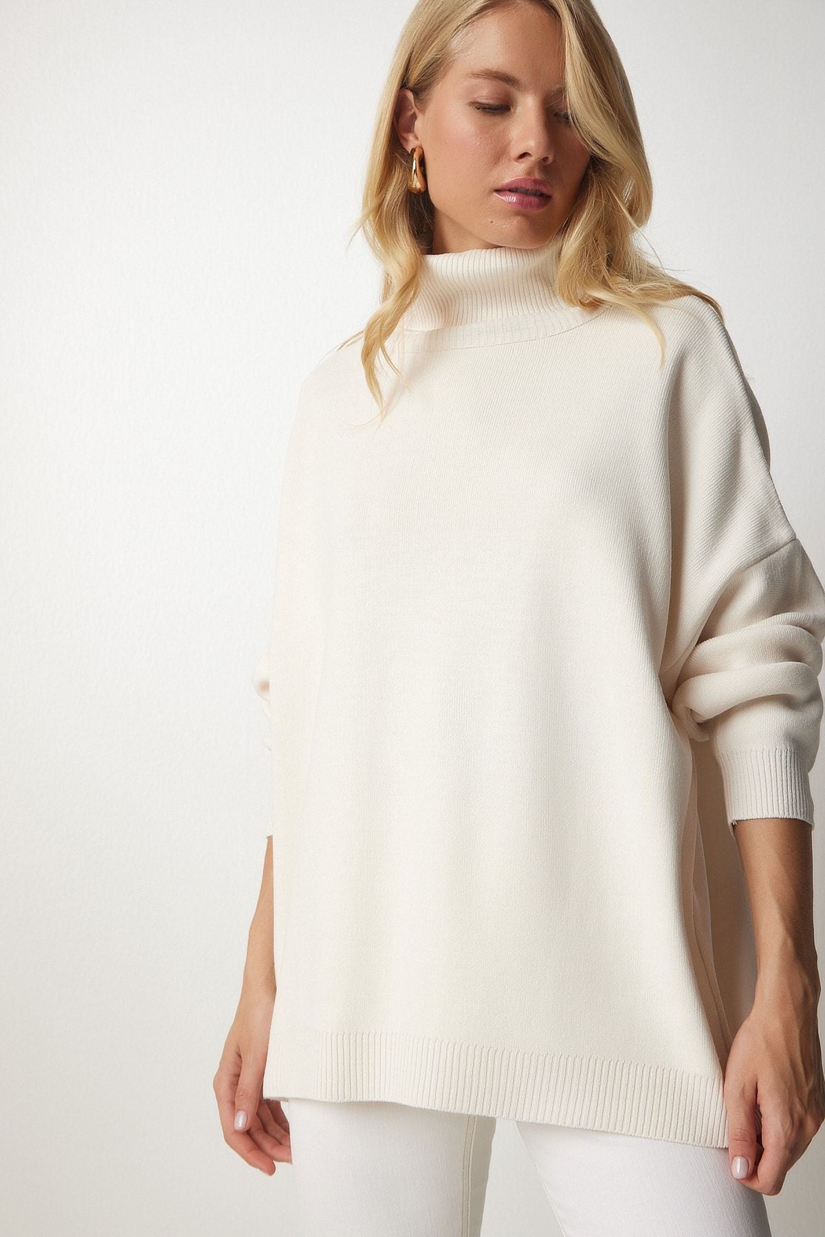 Women's Cream Fisherman Yaka Oversize Knitwear Sweater BV00084