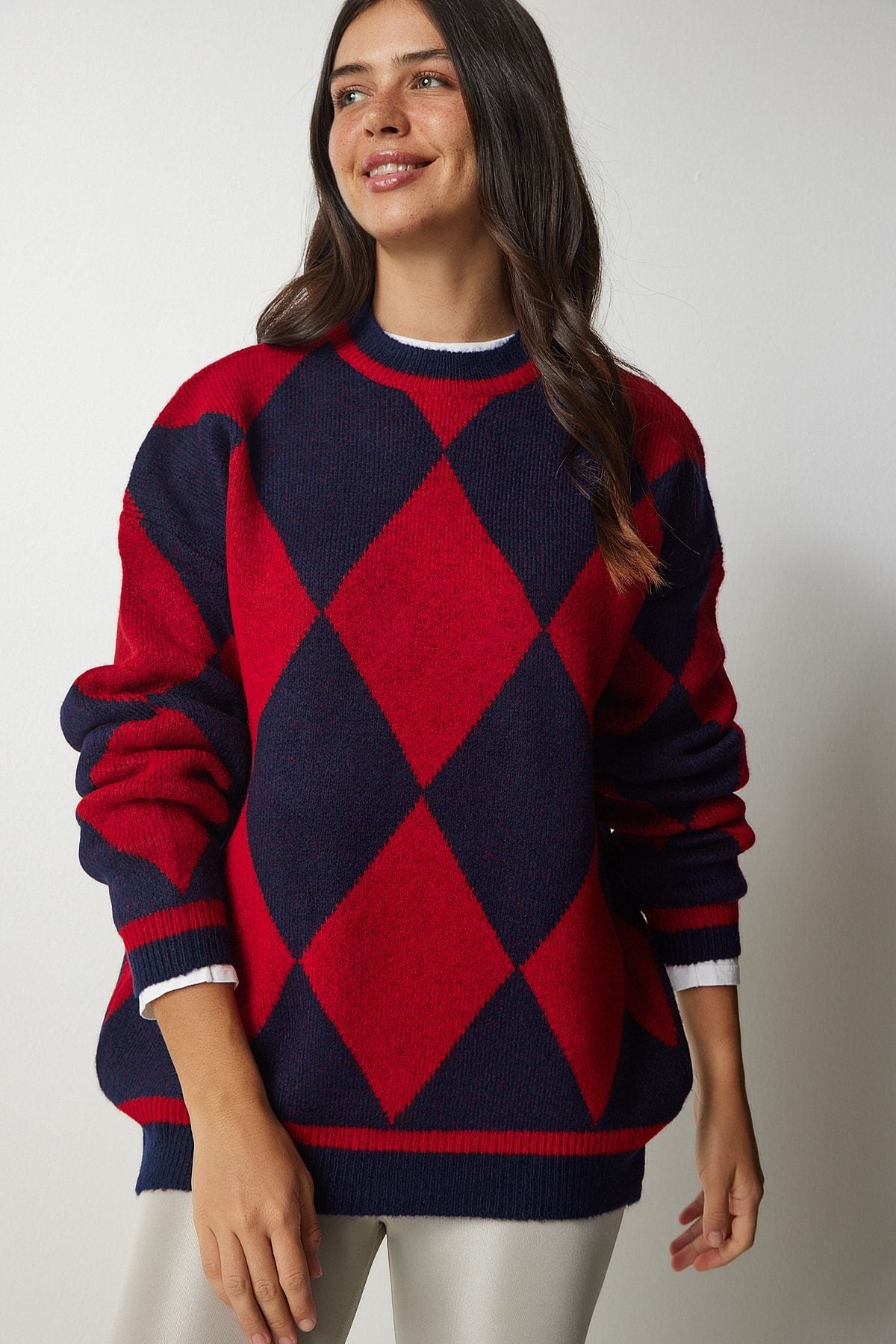 Woman Red Baklava Patterned Oversize Knitwear Kazakh YY00161