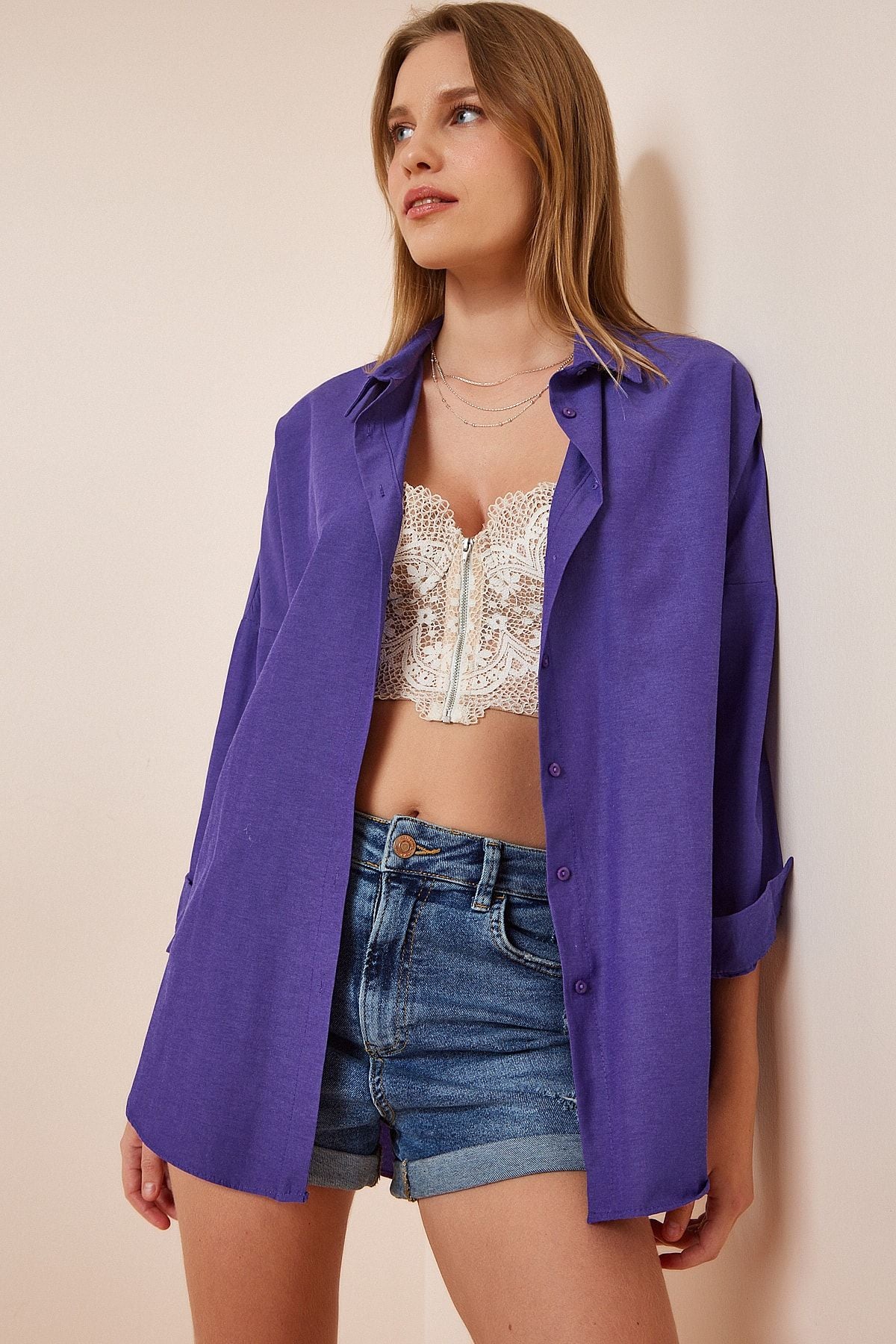 Woman Purple Oversize Long Basic Shirt DD00842