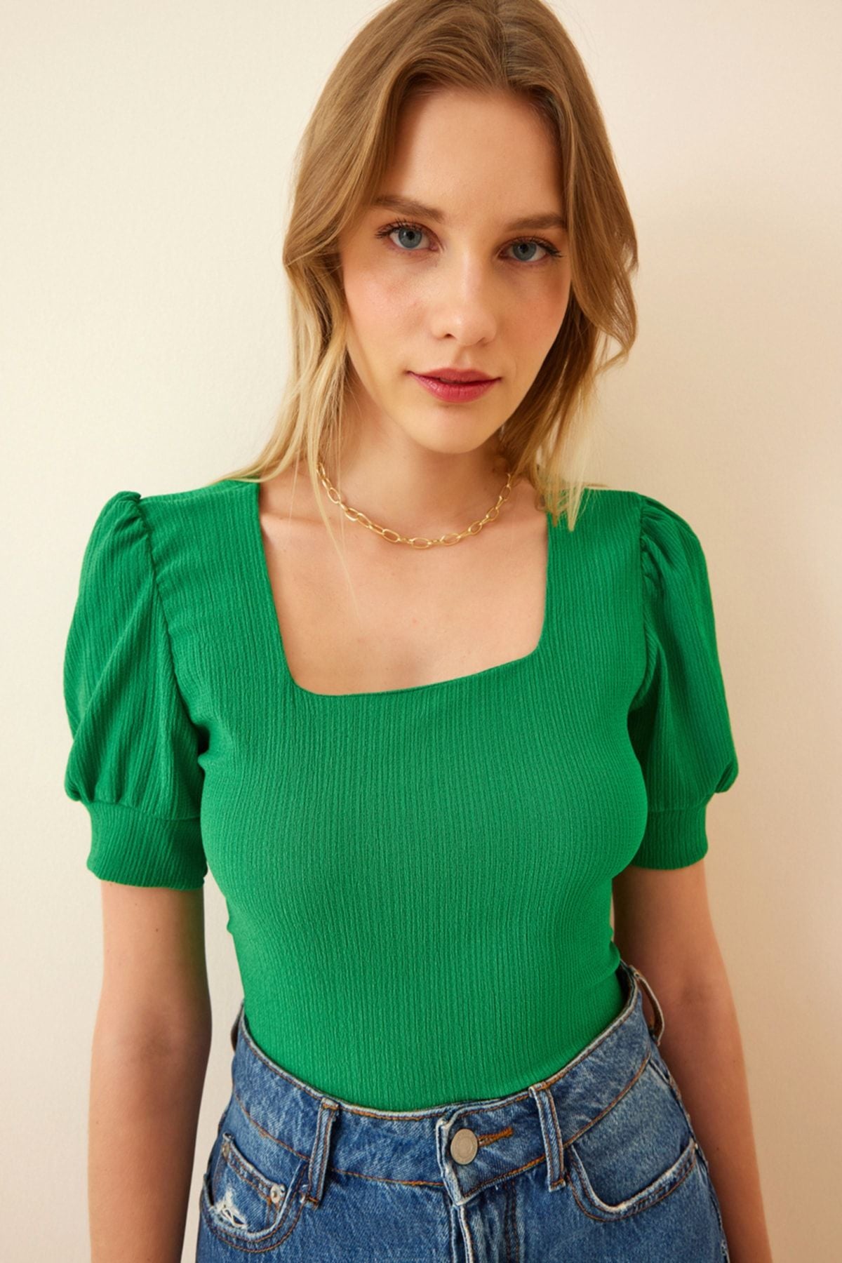 Female Green Square Balloon Sleeve Knitting Blouse DD01051