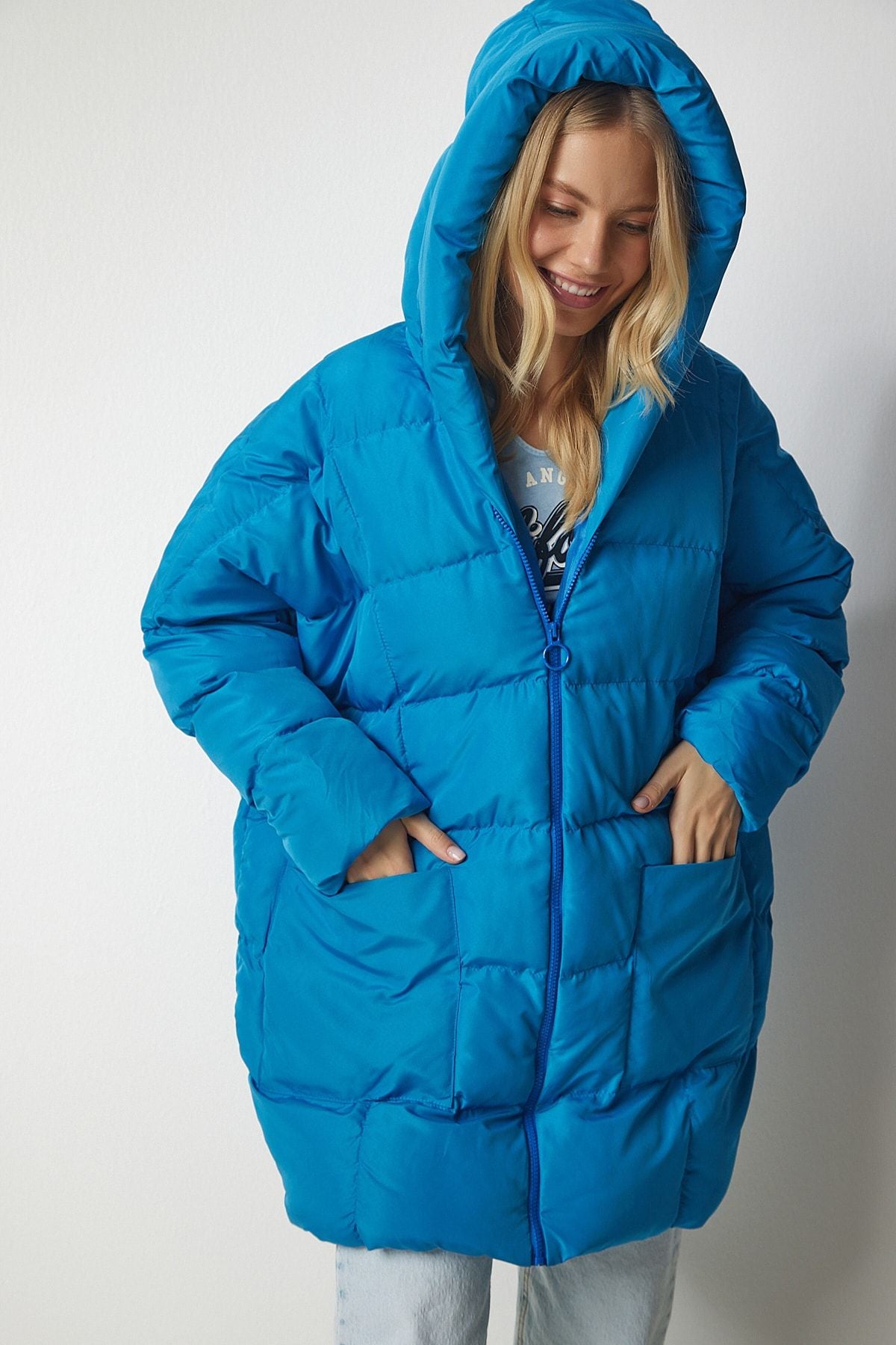 Woman Sky Blue Hooded Oversiz swelling coat NT00429