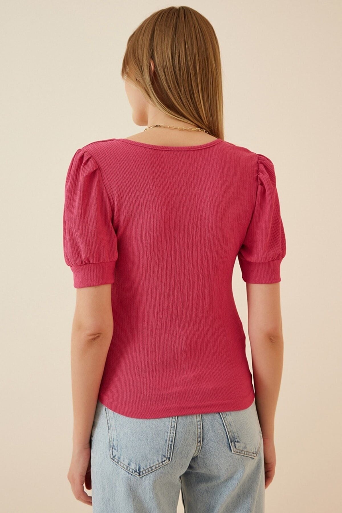 Woman Pink Square Balloon Sleeble Knitting Blouse DD01051